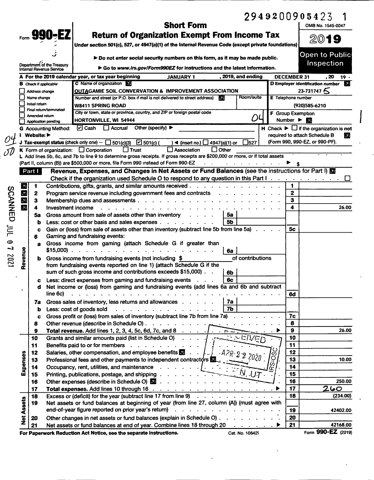 Image of first page of 2019 Form 990EO for Outagamie Soil Conservation and Improvement Association