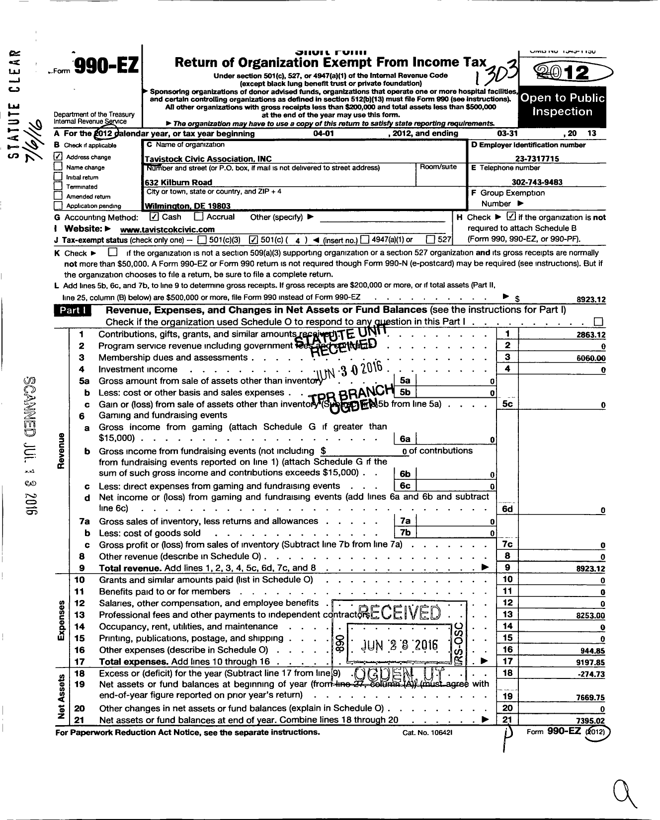 Image of first page of 2012 Form 990EO for Tavistock Civic Association