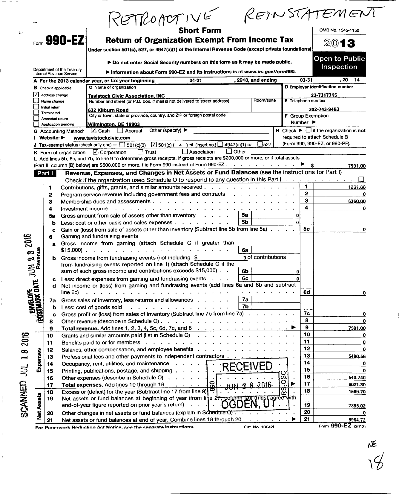 Image of first page of 2013 Form 990EO for Tavistock Civic Association