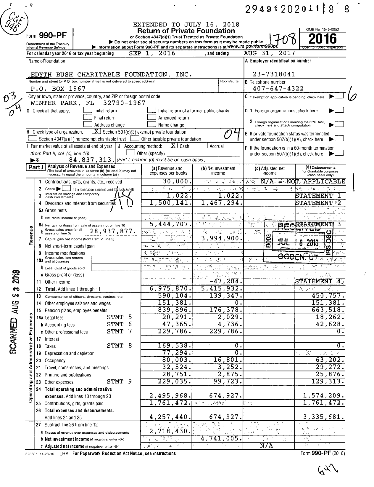 Image of first page of 2016 Form 990PF for Edyth Bush Charitable Foundation
