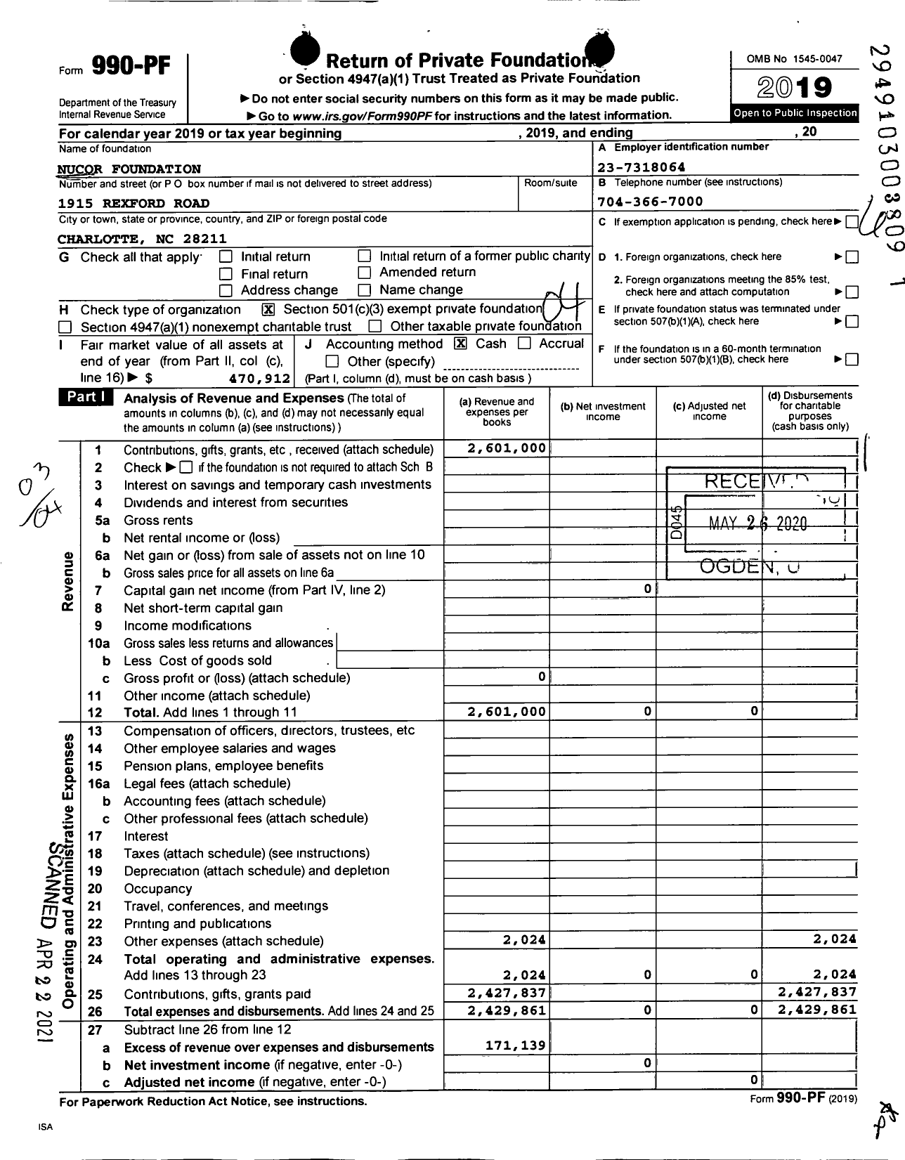 Image of first page of 2019 Form 990PF for Nucor Foundation