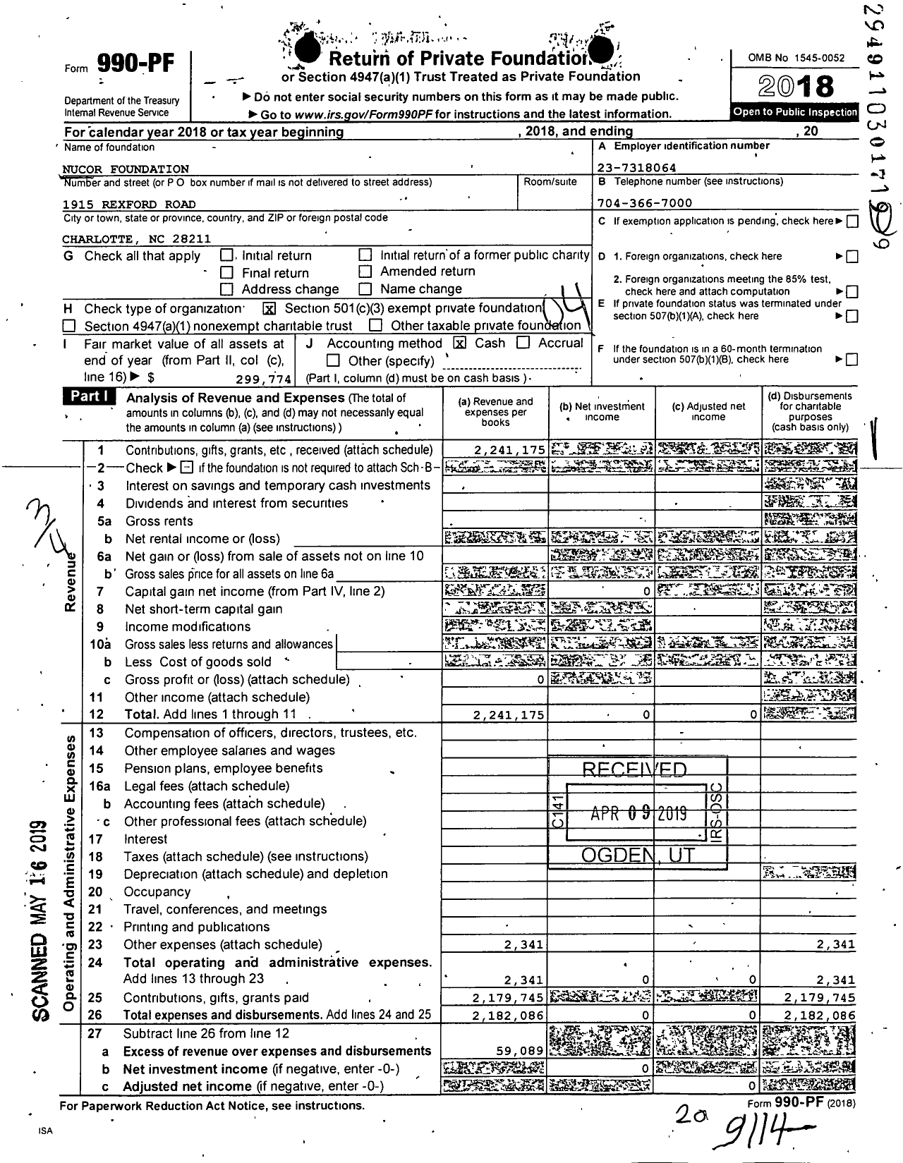 Image of first page of 2018 Form 990PF for Nucor Foundation