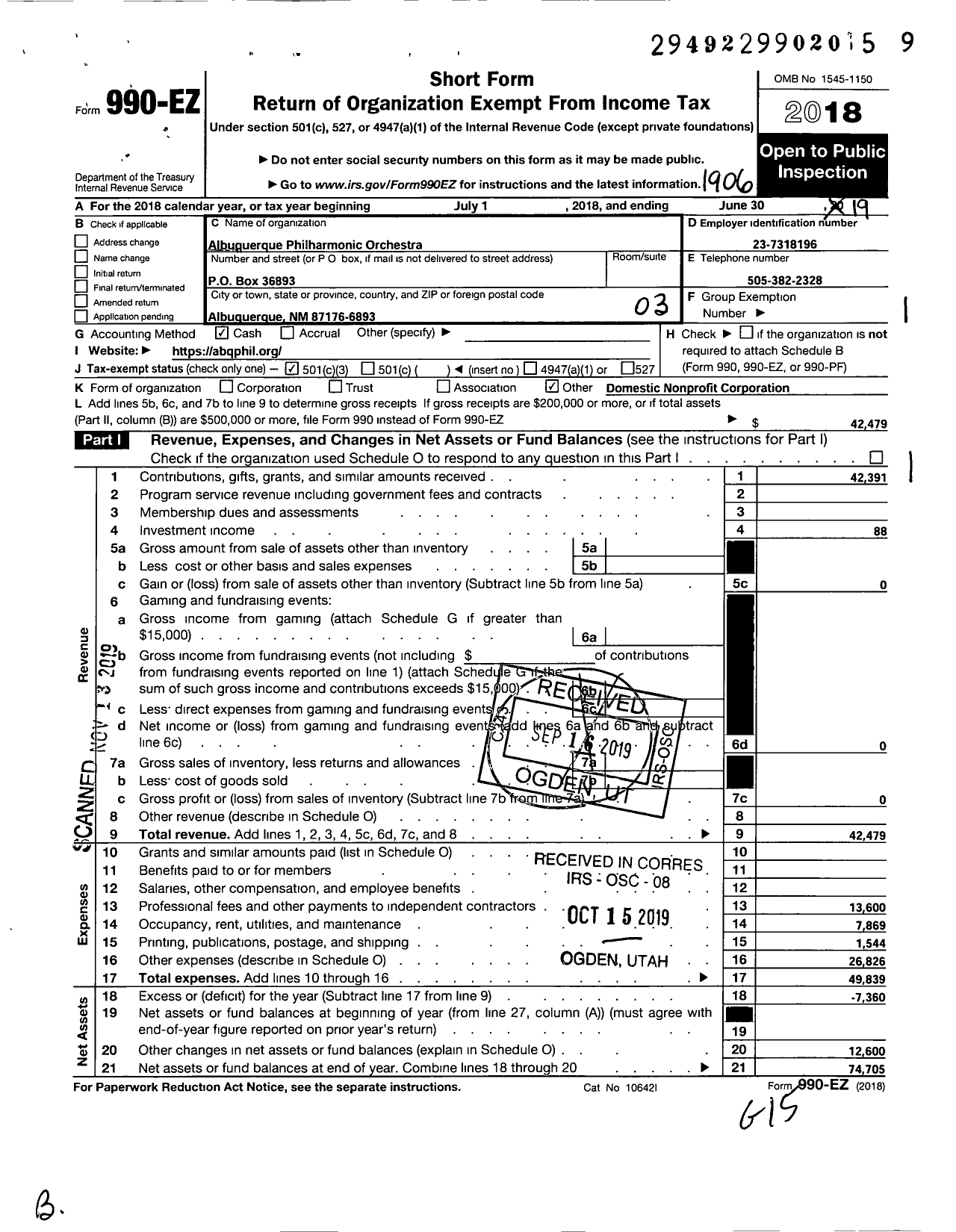 Image of first page of 2018 Form 990EZ for Albuquerque Philharmonic Orchestra