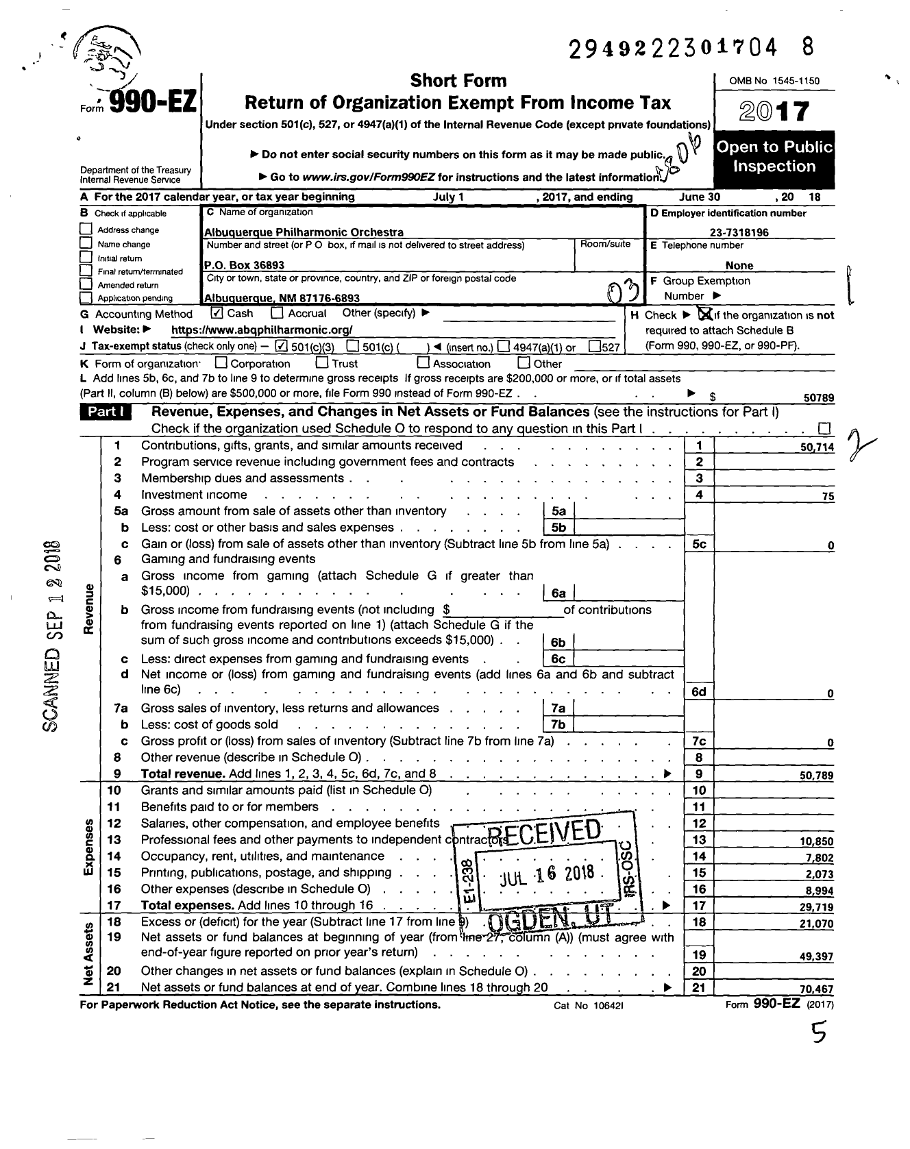 Image of first page of 2017 Form 990EZ for Albuquerque Philharmonic Orchestra