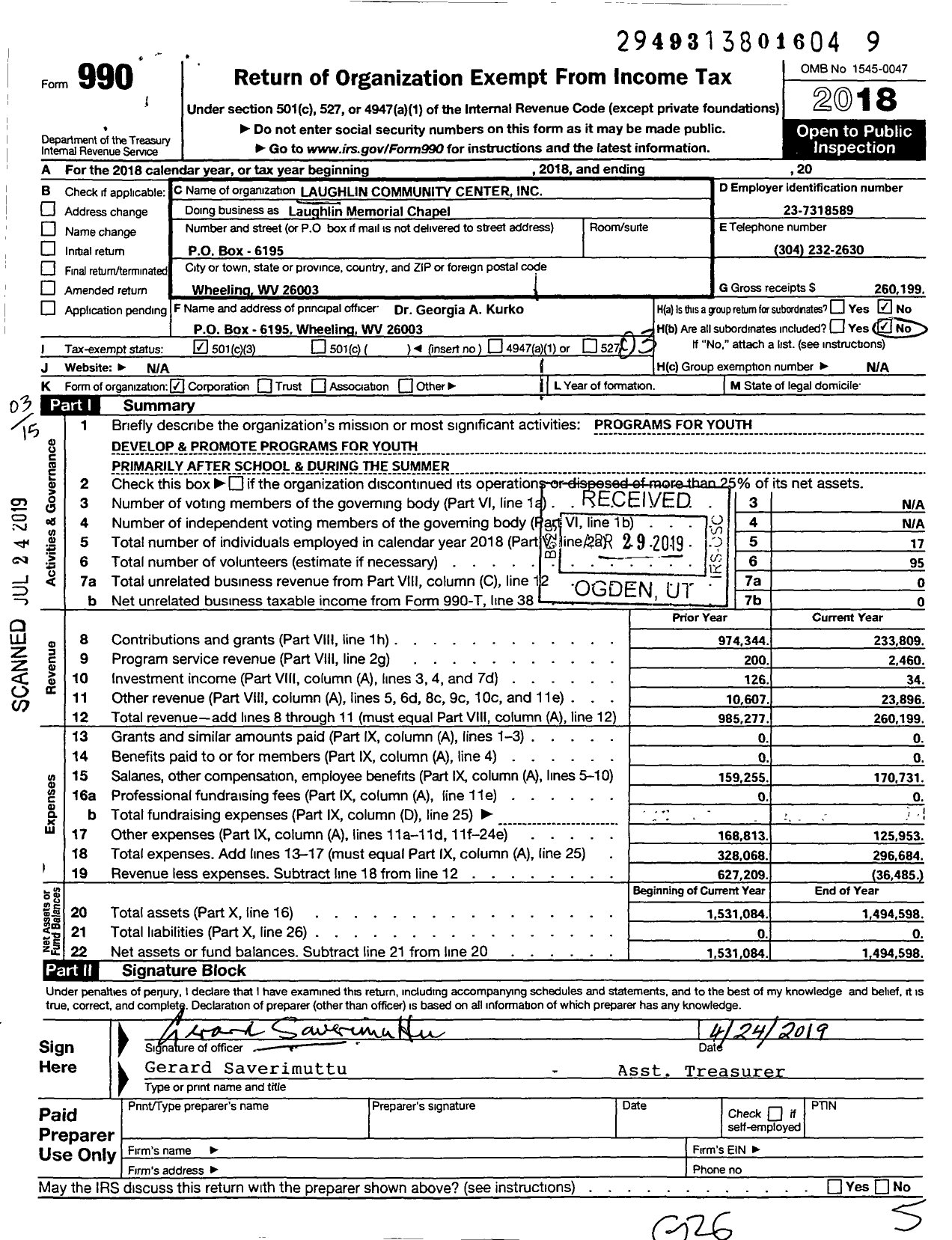 Image of first page of 2018 Form 990 for Laughlin Community Center