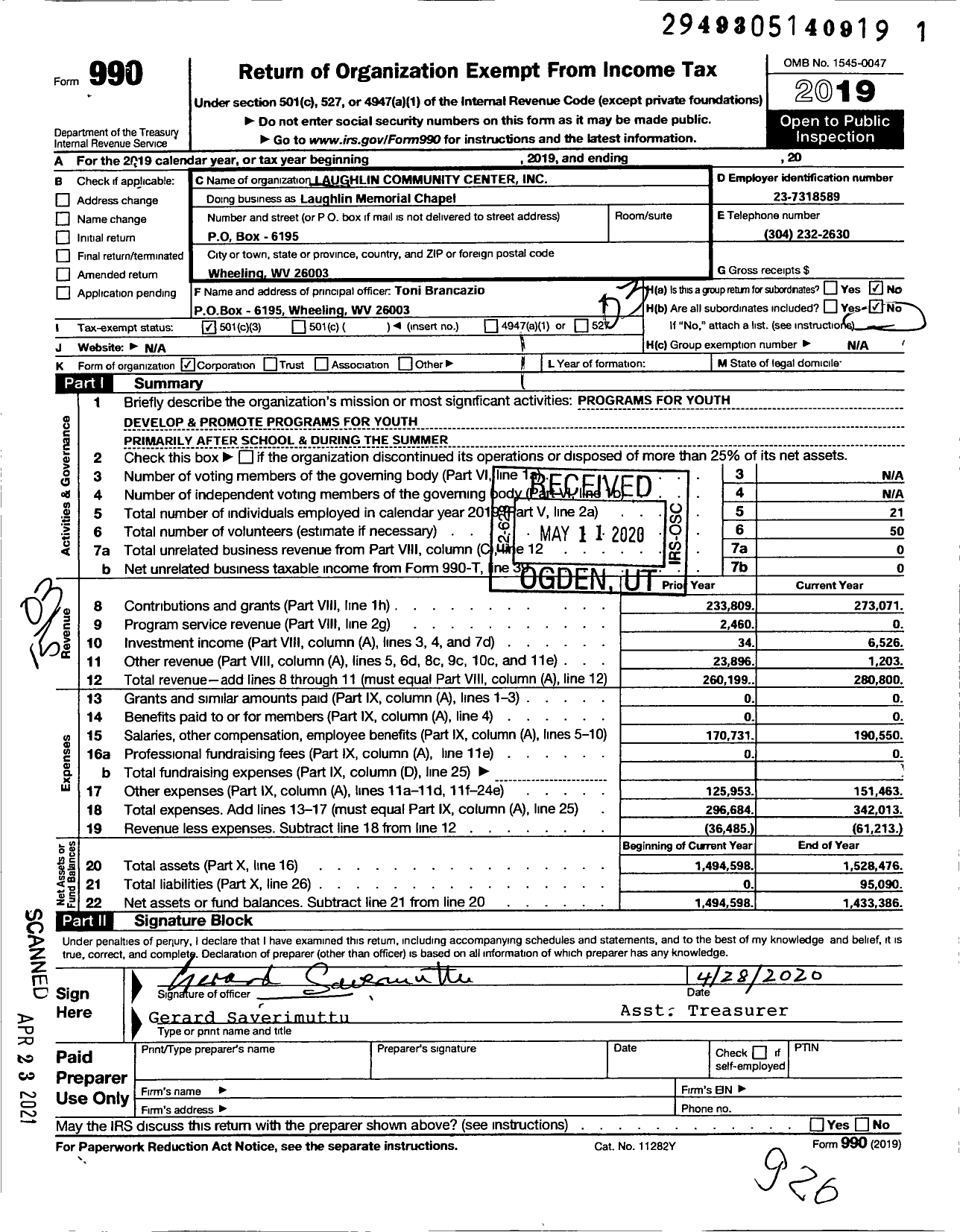 Image of first page of 2019 Form 990 for Laughlin Community Center