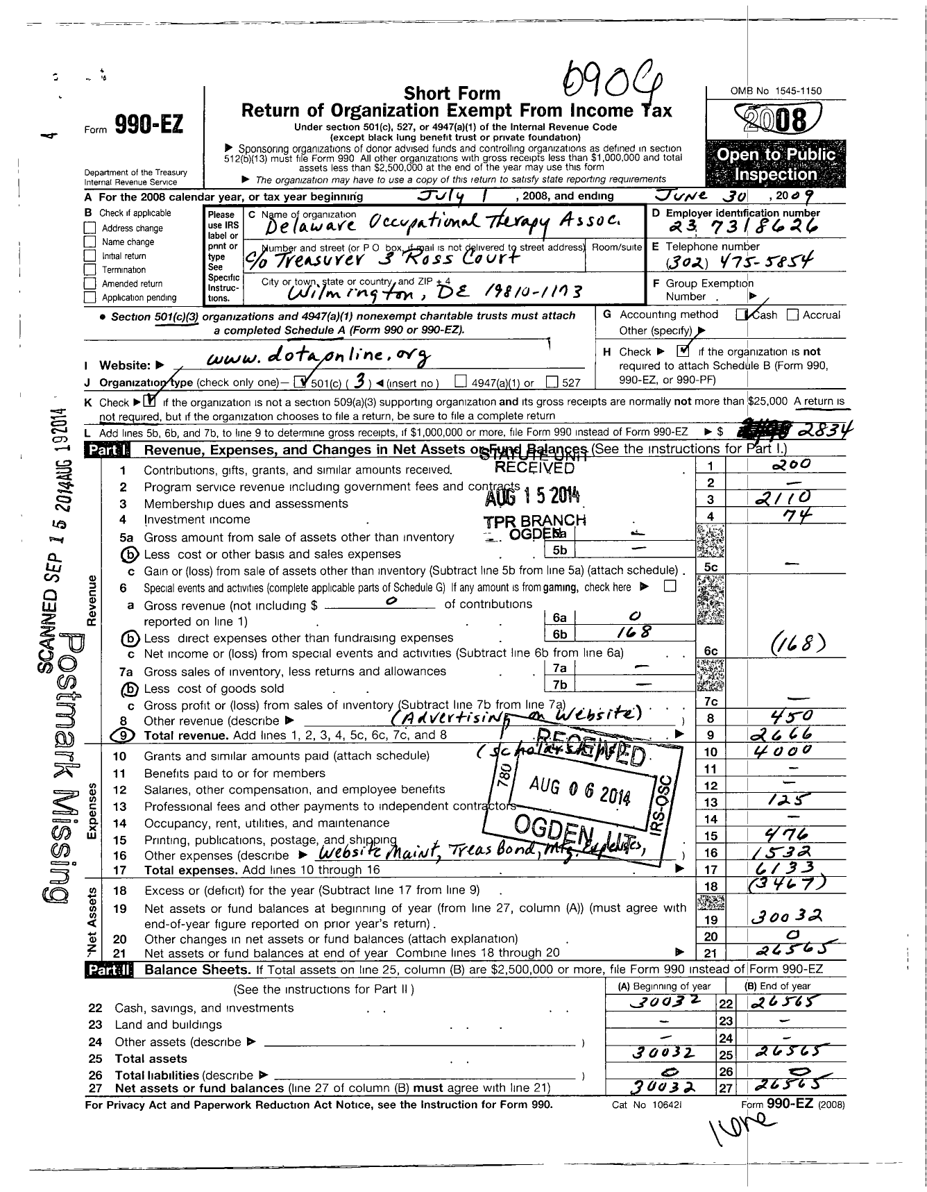 Image of first page of 2008 Form 990EZ for Delaware Occupational Therapy Association