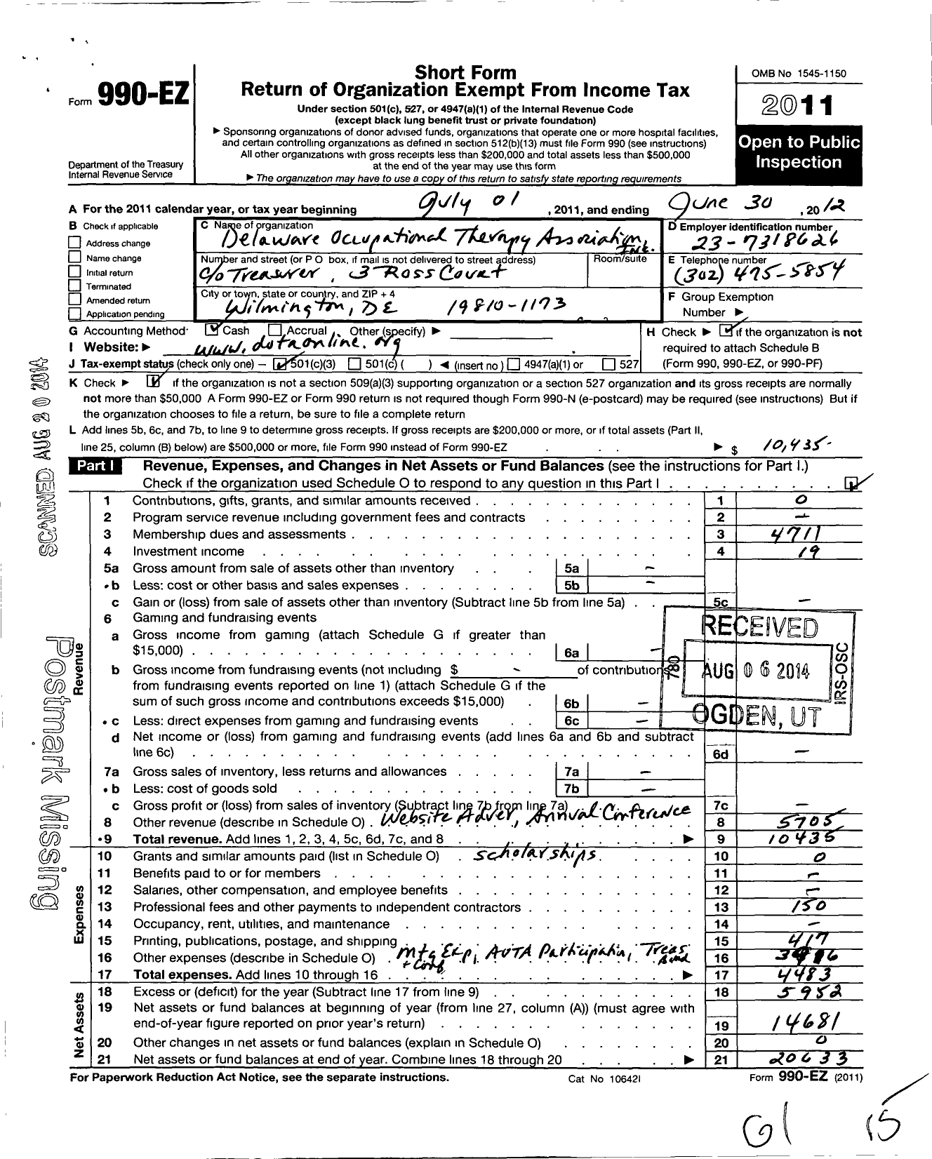 Image of first page of 2011 Form 990EZ for Delaware Occupational Therapy Association