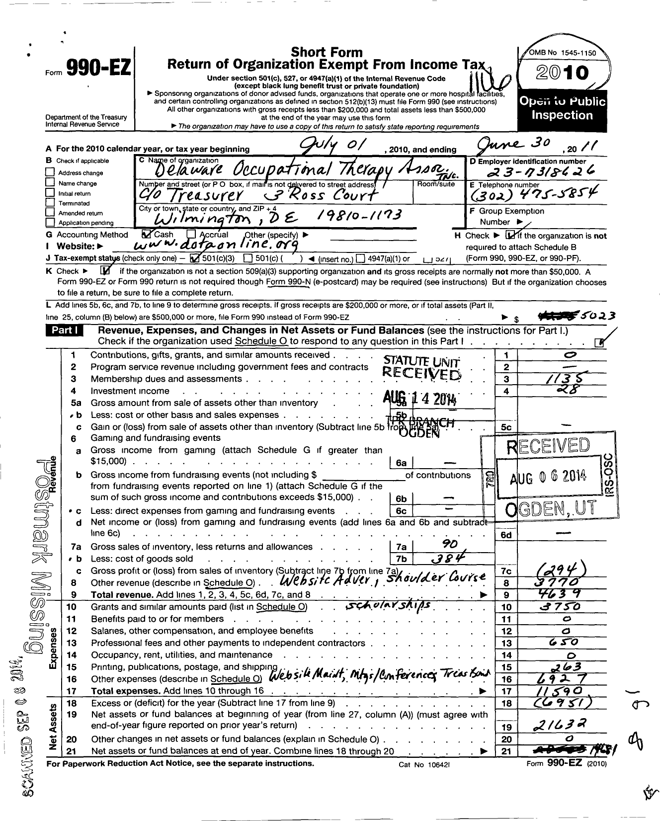 Image of first page of 2010 Form 990EZ for Delaware Occupational Therapy Association