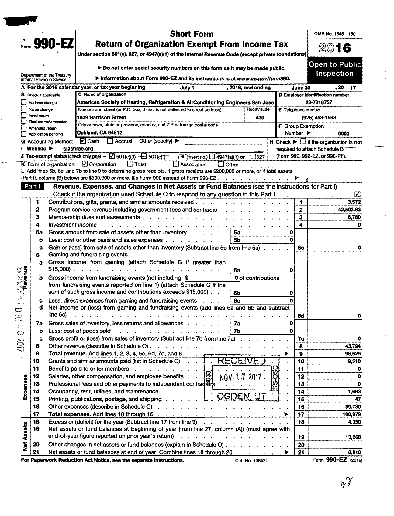 Image of first page of 2016 Form 990EZ for San Jose Chapter of American Society of Heating Refrigeration and Ac Engineers