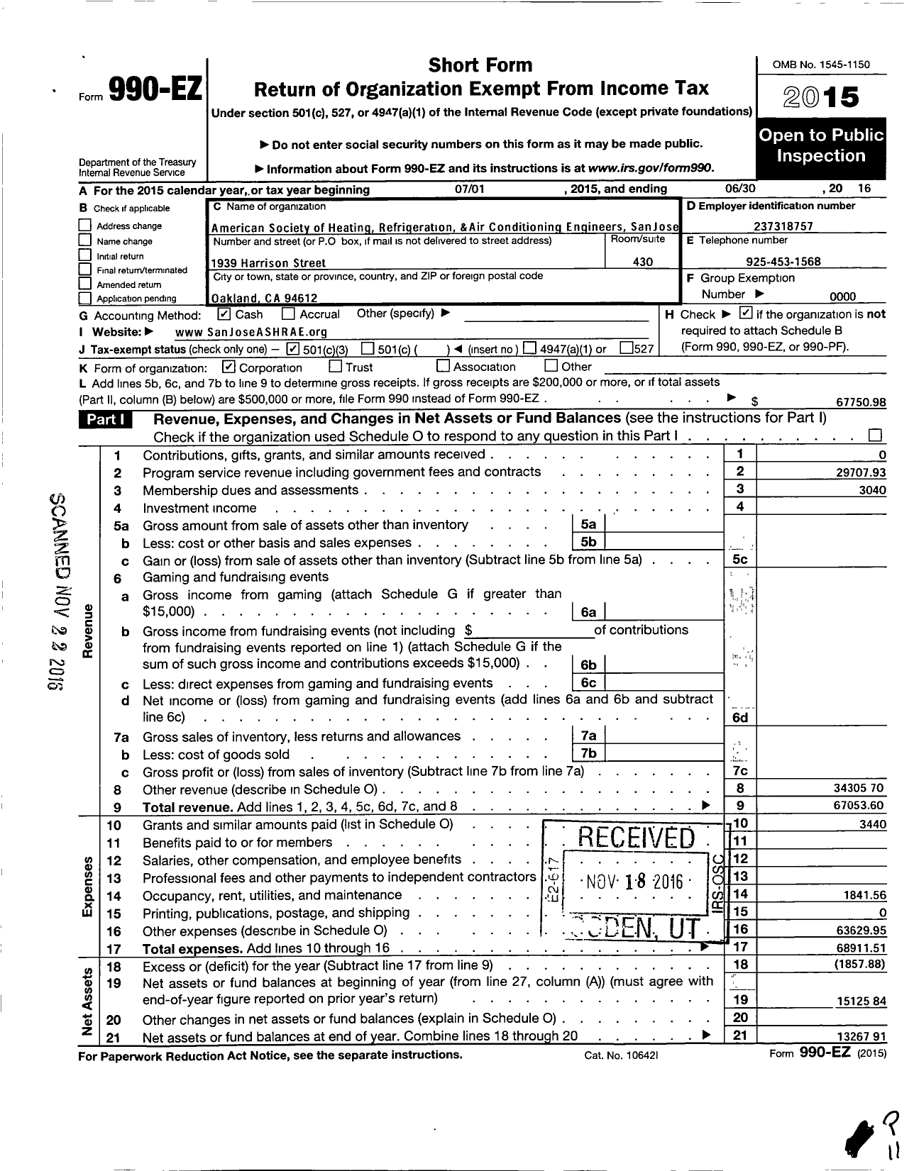 Image of first page of 2015 Form 990EZ for San Jose Chapter of American Society of Heating Refrigeration and Ac Engineers