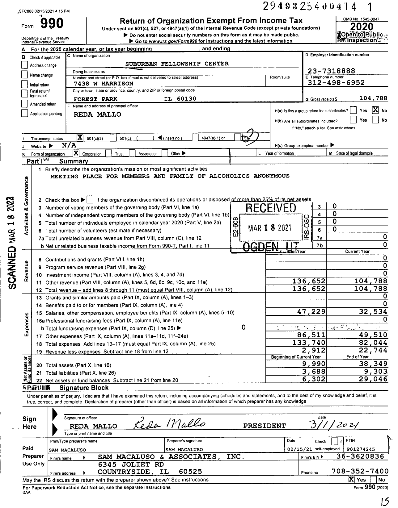 Image of first page of 2020 Form 990 for Suburban Fellowship Center