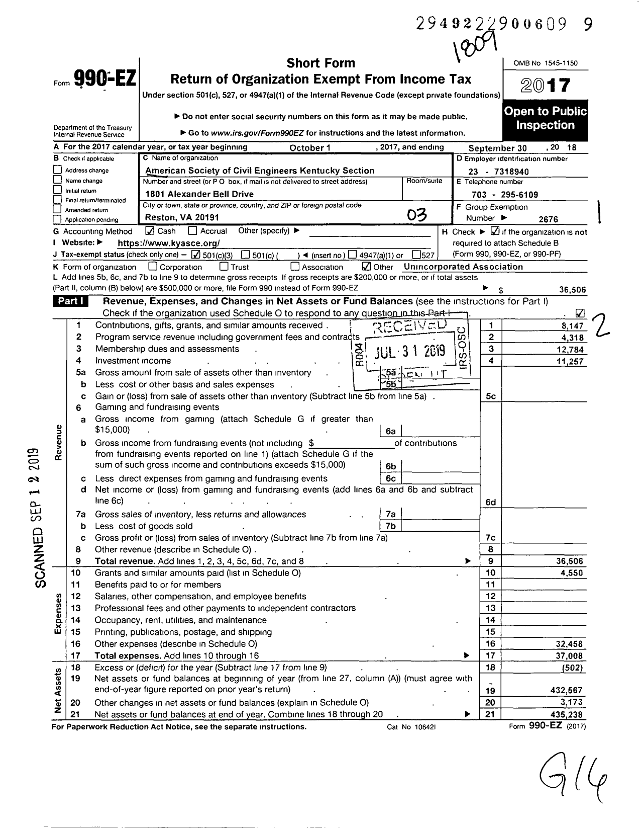 Image of first page of 2017 Form 990EZ for AMERICAN SOCIETY OF CIVIL ENGINEERS Kentucky Section