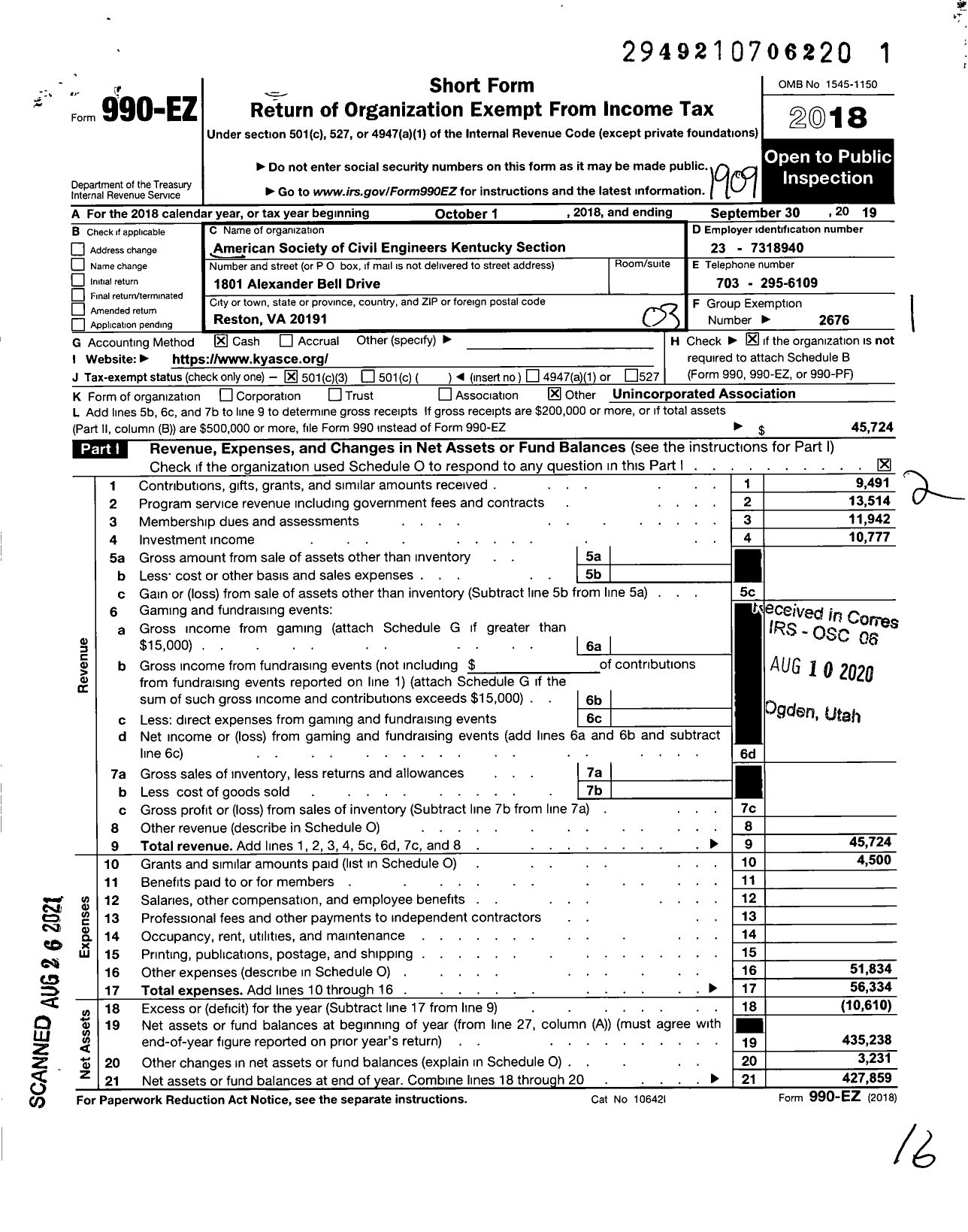 Image of first page of 2018 Form 990EZ for AMERICAN SOCIETY OF CIVIL ENGINEERS Kentucky Section