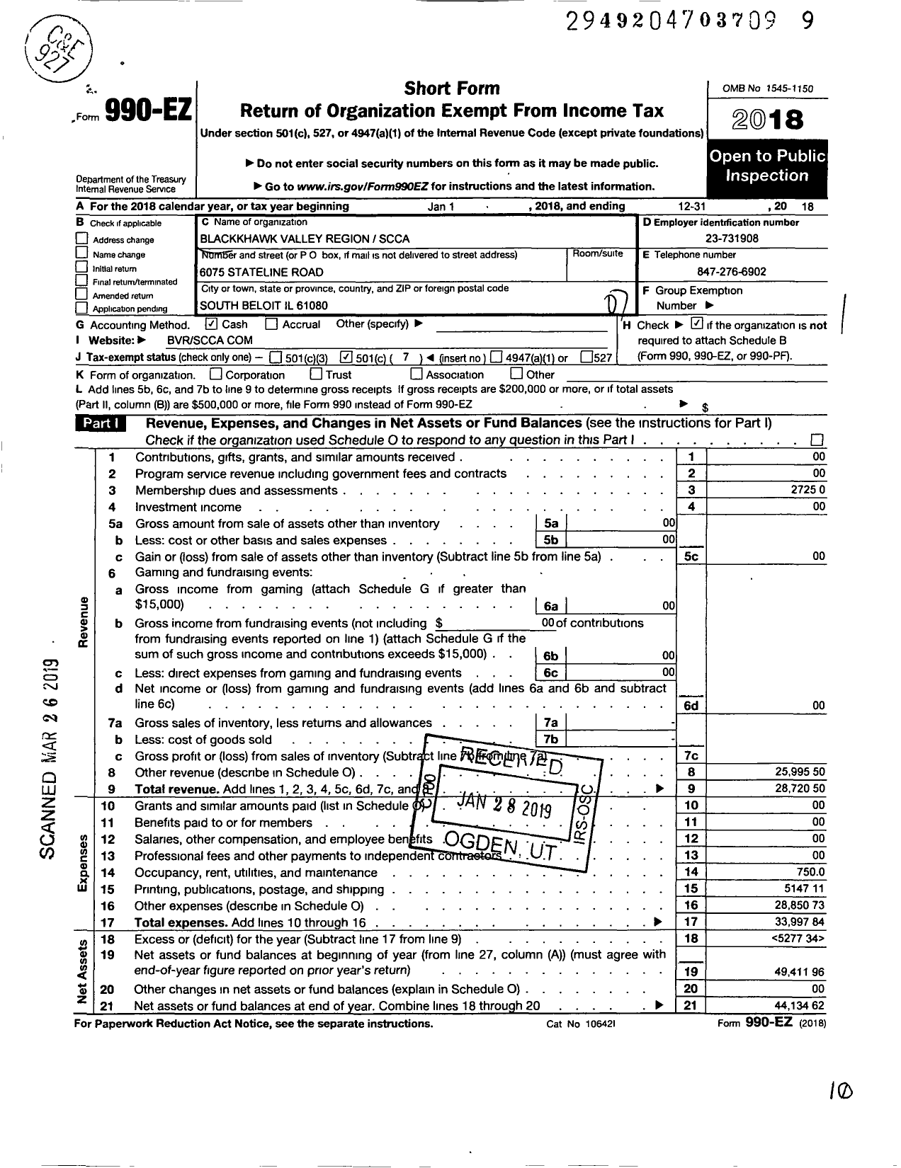 Image of first page of 2018 Form 990EO for Blackhawk Valley Region S CC A Incorporated