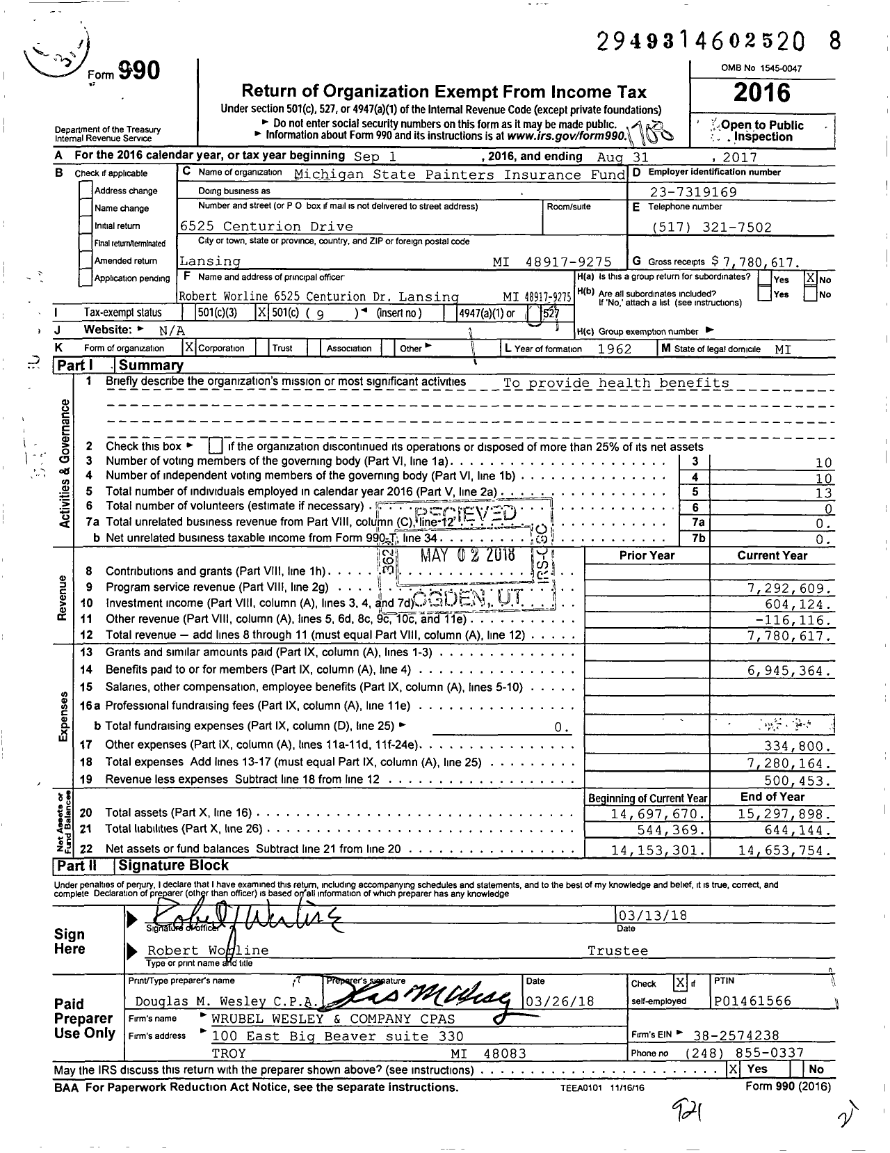 Image of first page of 2016 Form 990O for Michigan State Painters Insurance Fund