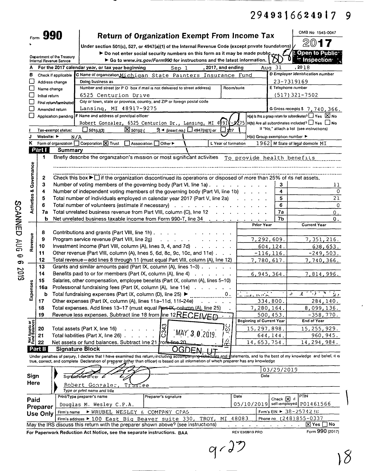Image of first page of 2017 Form 990O for Michigan State Painters Insurance Fund