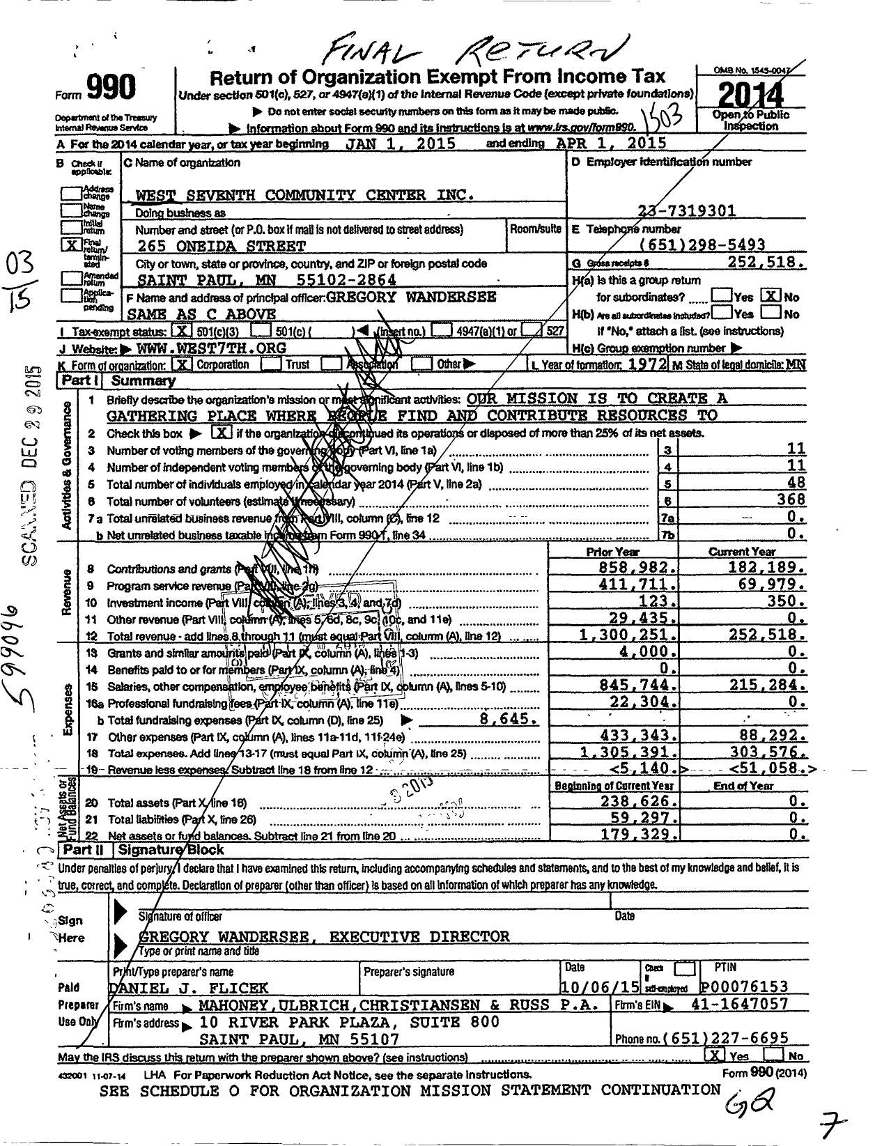 Image of first page of 2014 Form 990 for West Seventh Community Center