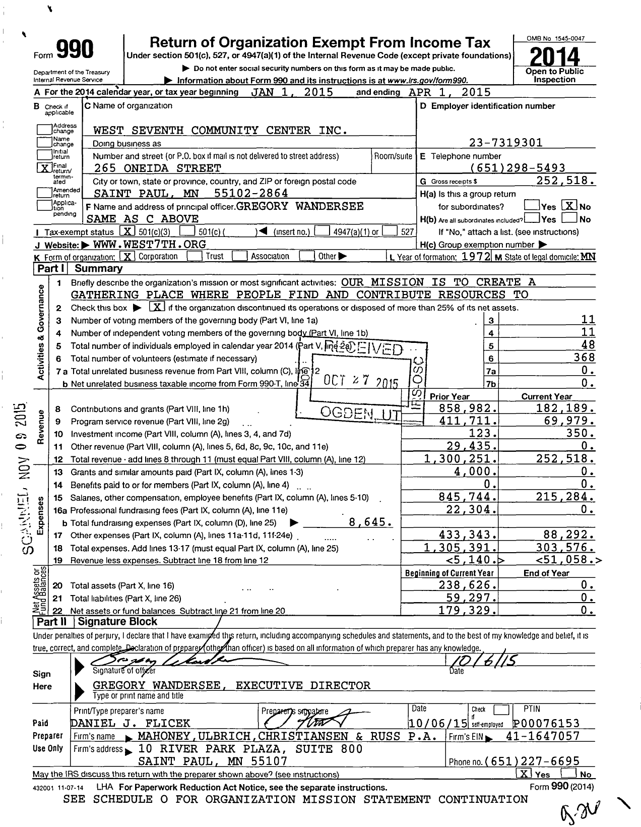 Image of first page of 2014 Form 990 for West Seventh Community Center