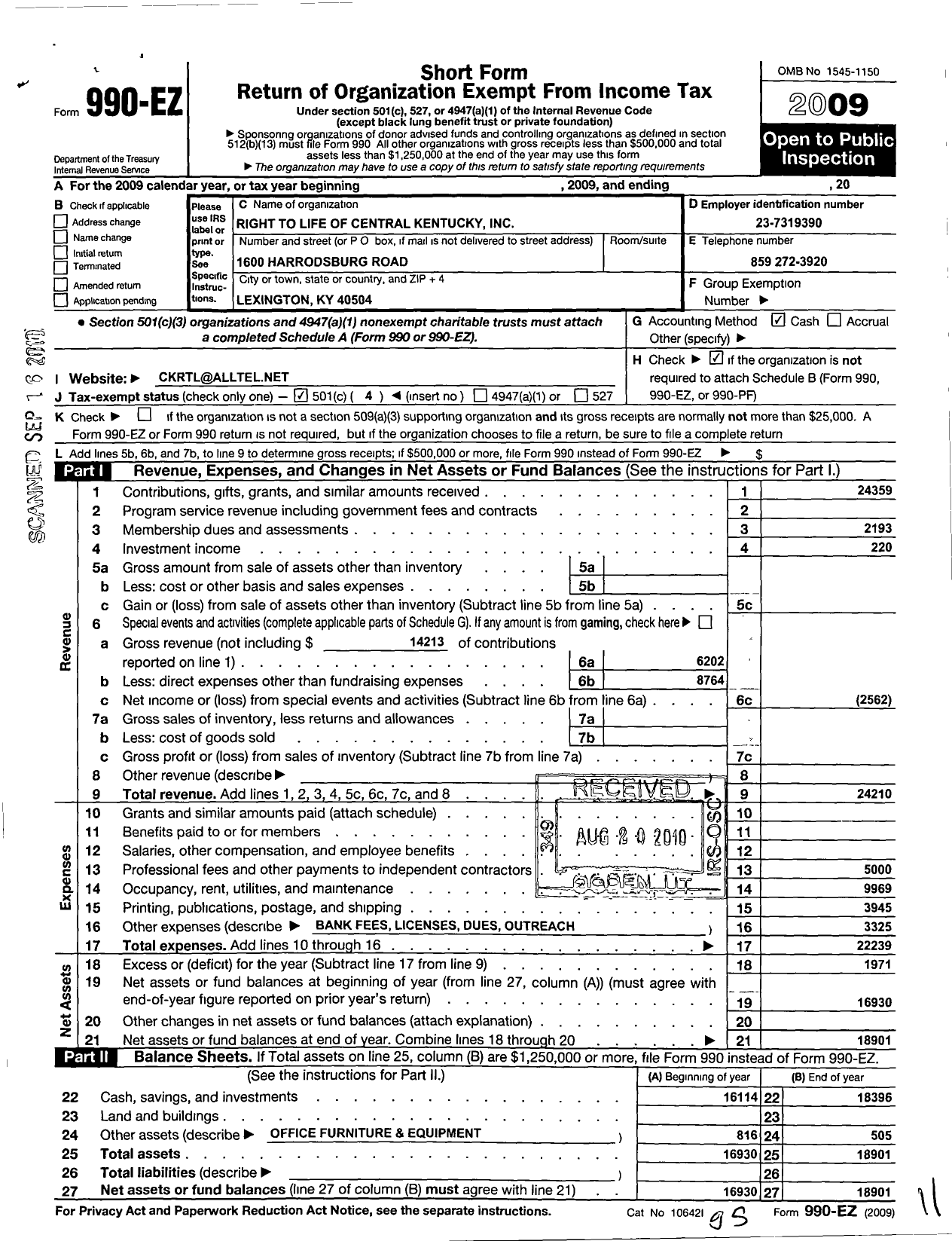 Image of first page of 2009 Form 990EO for Right To Life of Central Kentucky