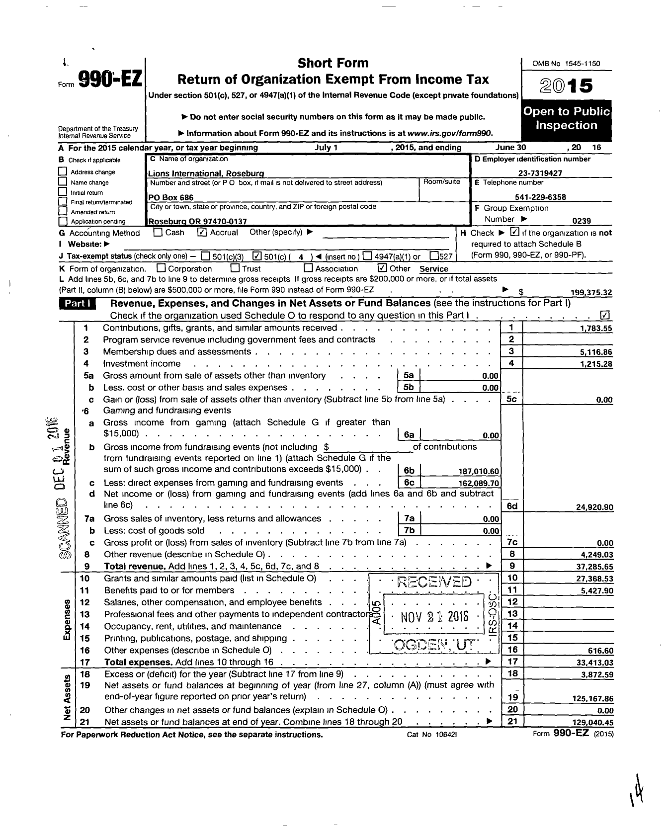 Image of first page of 2015 Form 990EO for LIONS CLUBS - Roseburg LIONS Club