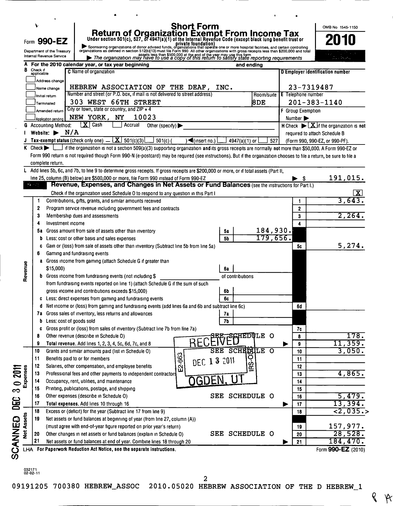 Image of first page of 2010 Form 990EZ for Hebrew Association of the Deaf