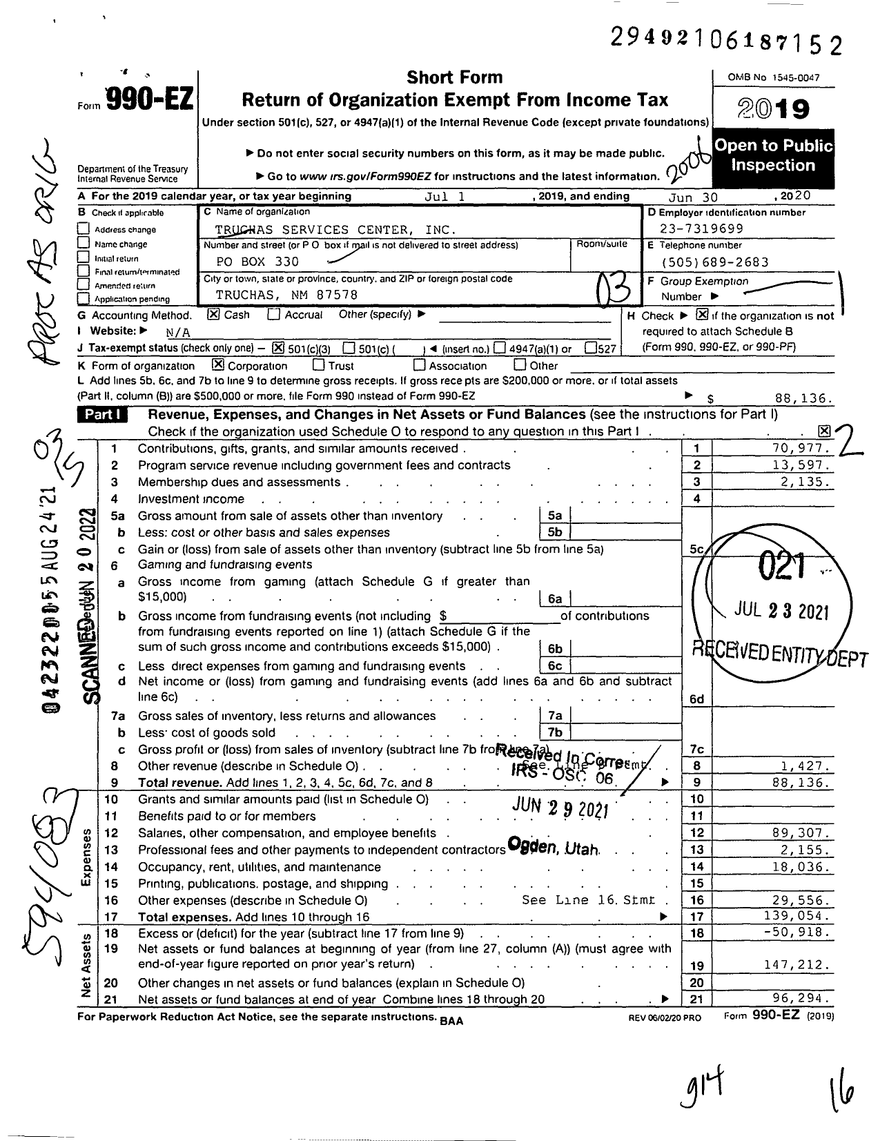 Image of first page of 2019 Form 990EZ for Truchas Services Center