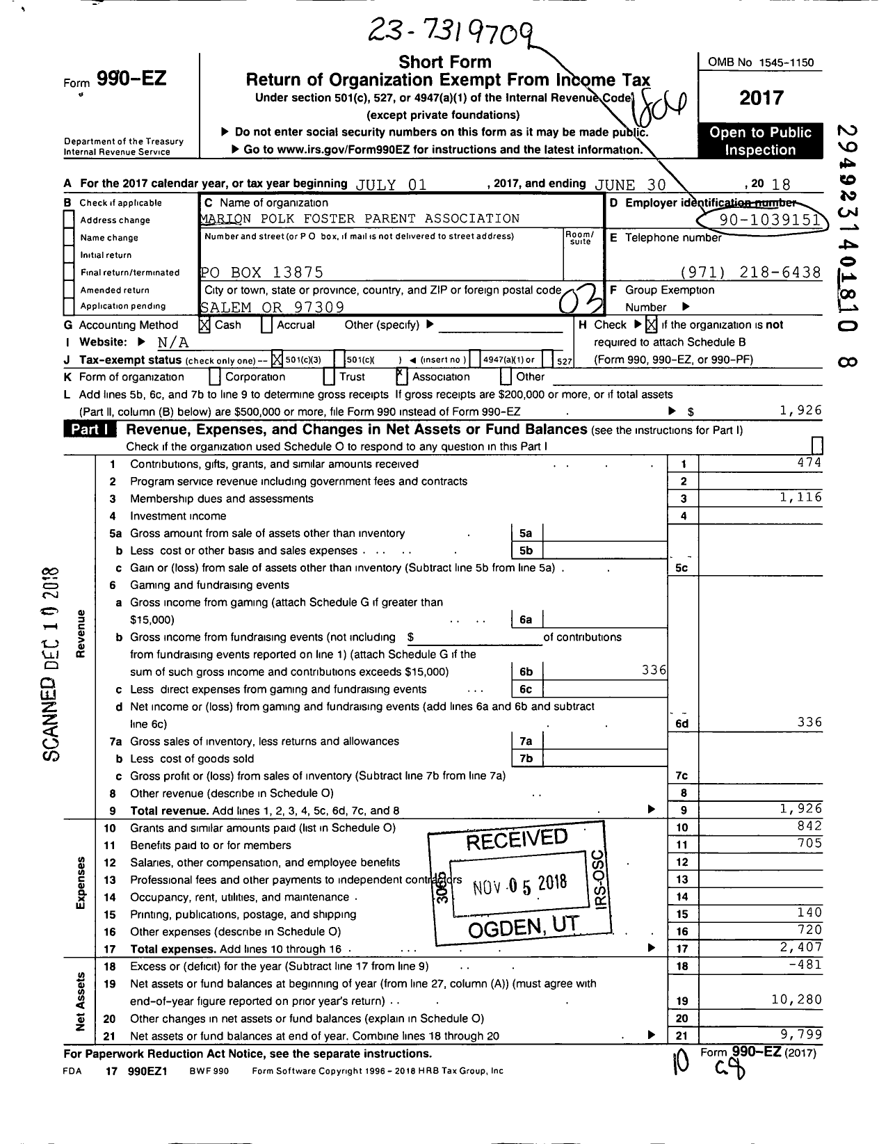 Image of first page of 2017 Form 990EZ for Pro Youth Oregon