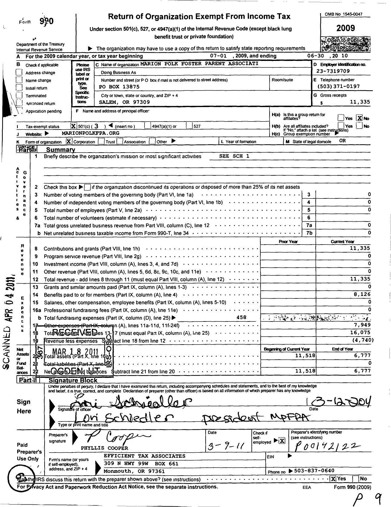 Image of first page of 2009 Form 990 for Pro Youth Oregon
