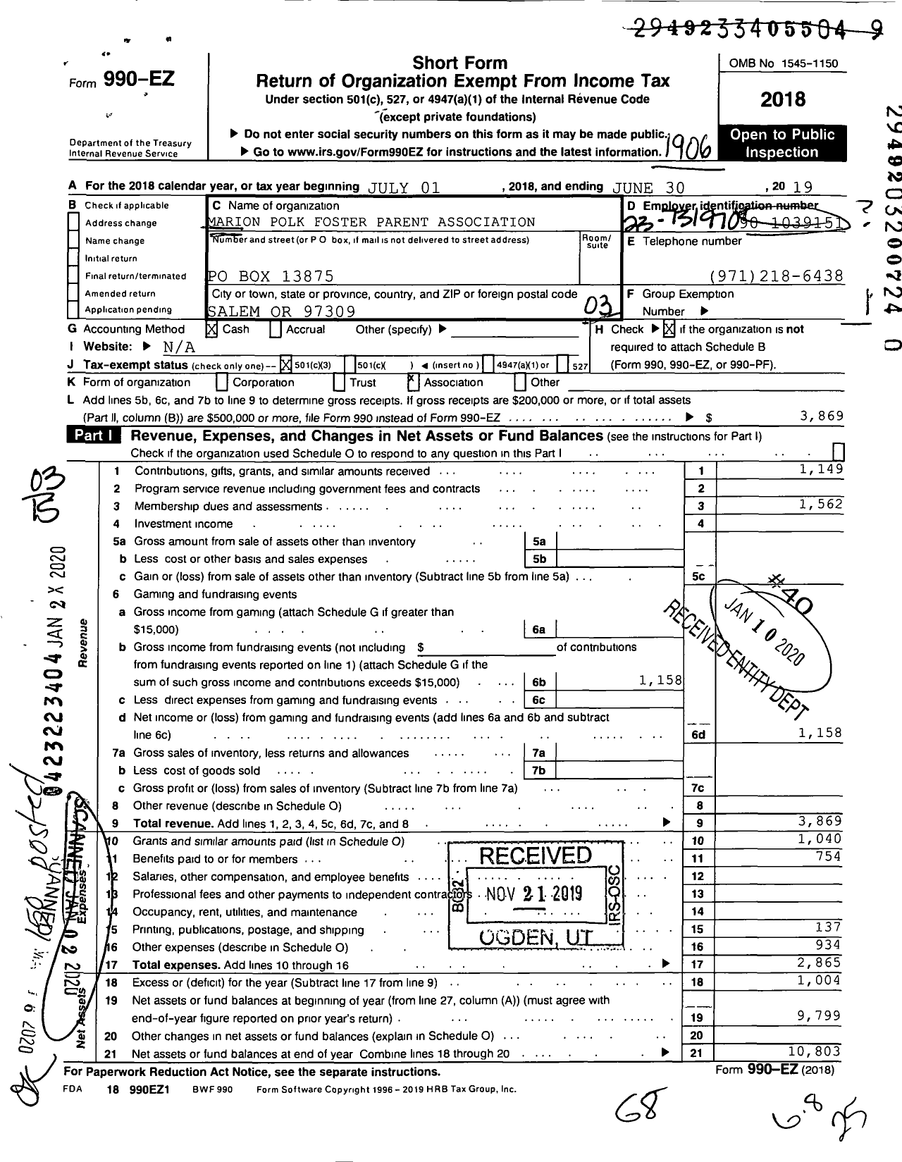 Image of first page of 2018 Form 990EZ for Pro Youth Oregon