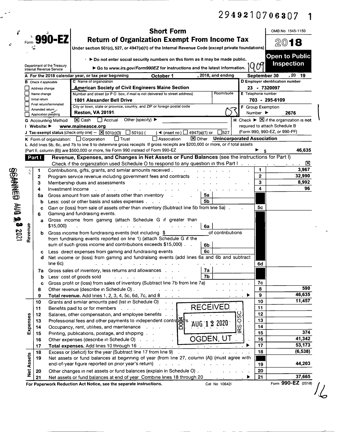 Image of first page of 2018 Form 990EZ for AMERICAN SOCIETY OF CIVIL ENGINEERS Maine Section