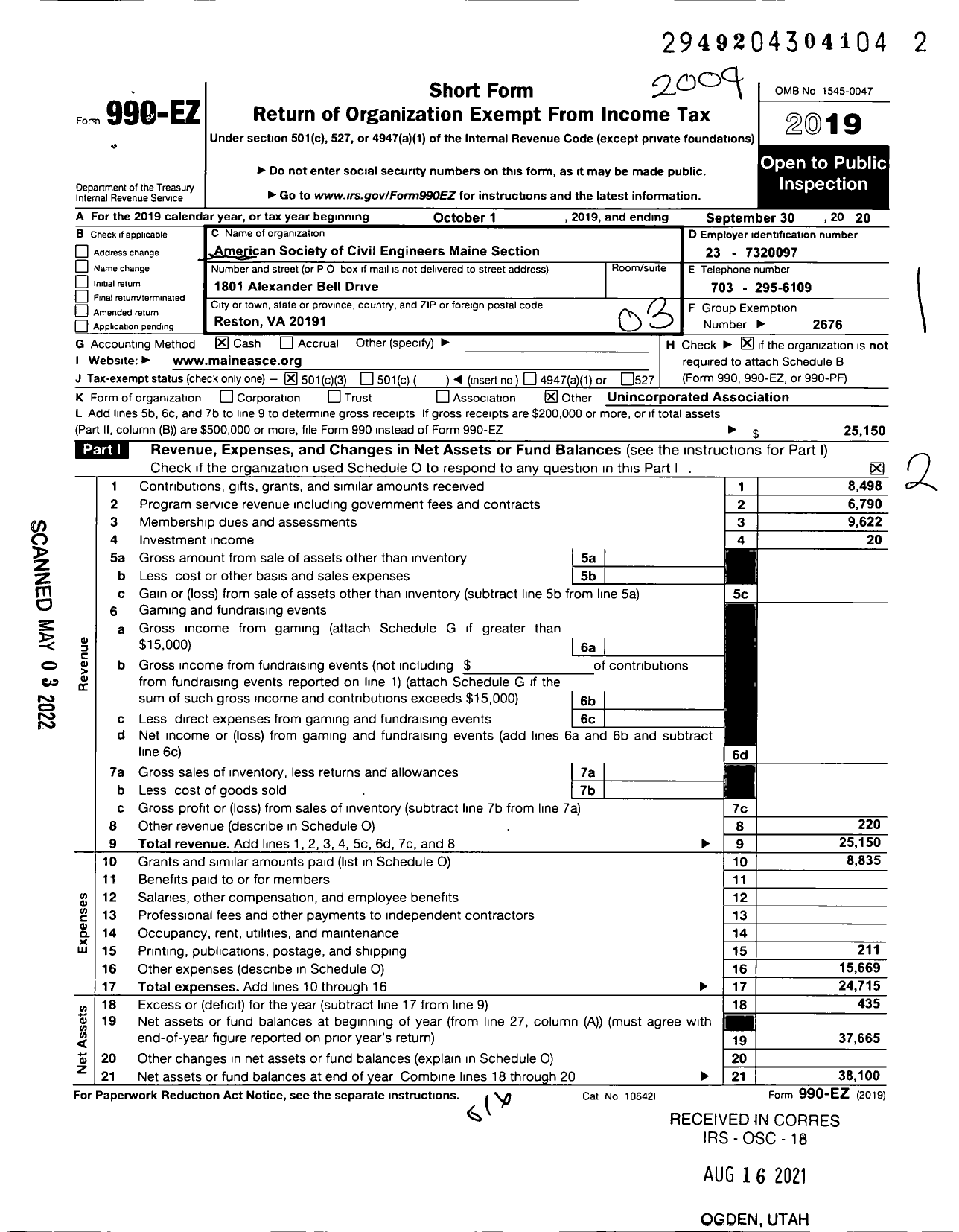 Image of first page of 2019 Form 990EZ for AMERICAN SOCIETY OF CIVIL ENGINEERS Maine Section