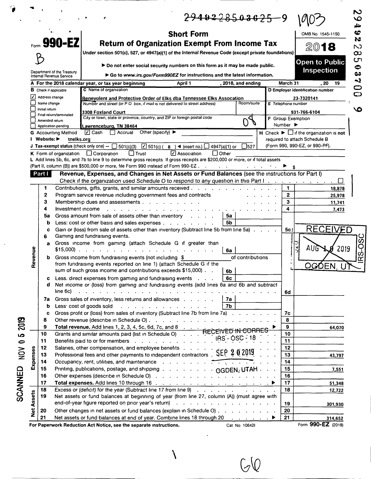 Image of first page of 2018 Form 990EO for Benevolent and Protective Order of Elks - Tennessee Elks Assoc