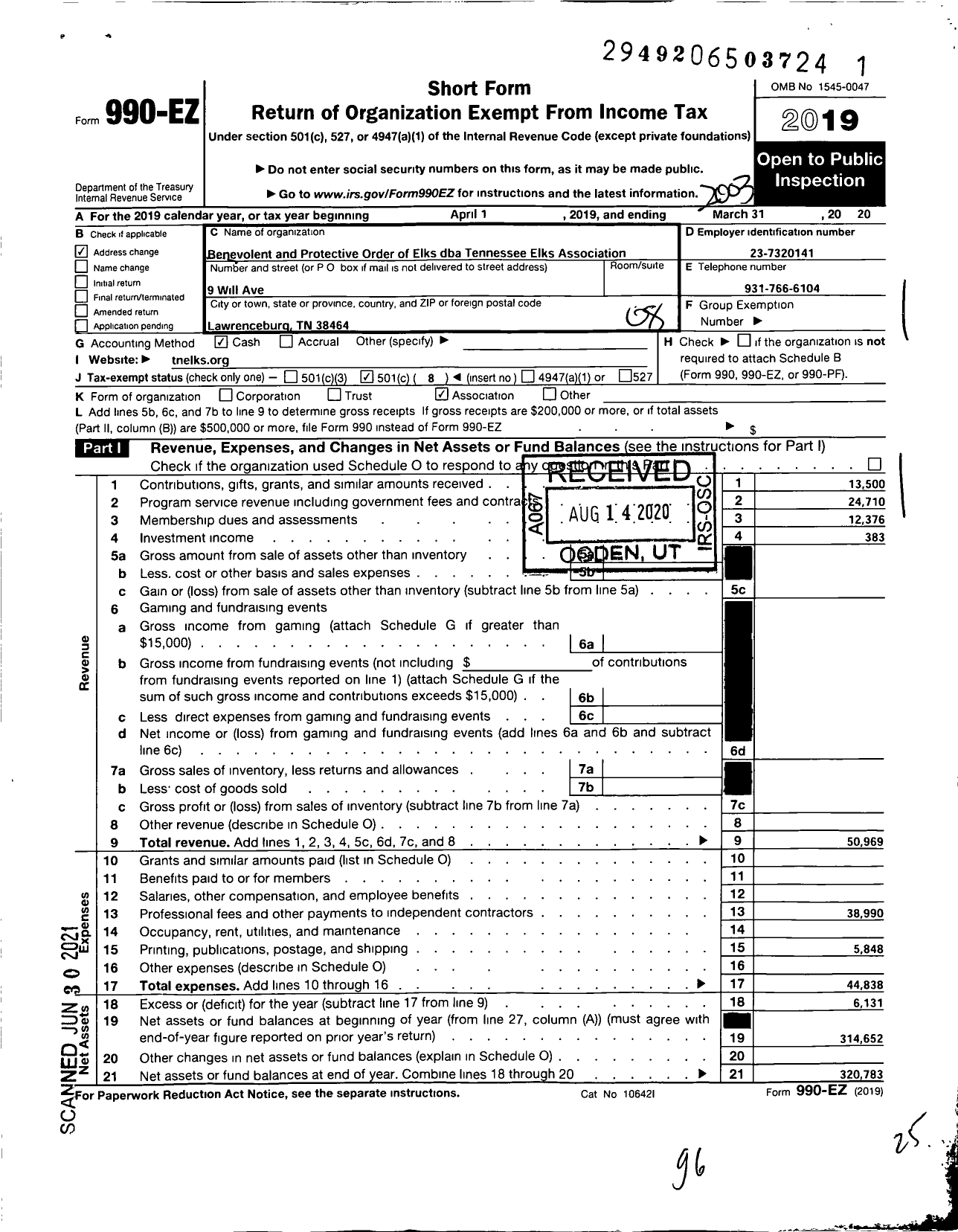 Image of first page of 2019 Form 990EO for Benevolent and Protective Order of Elks - Tennessee Elks Assoc