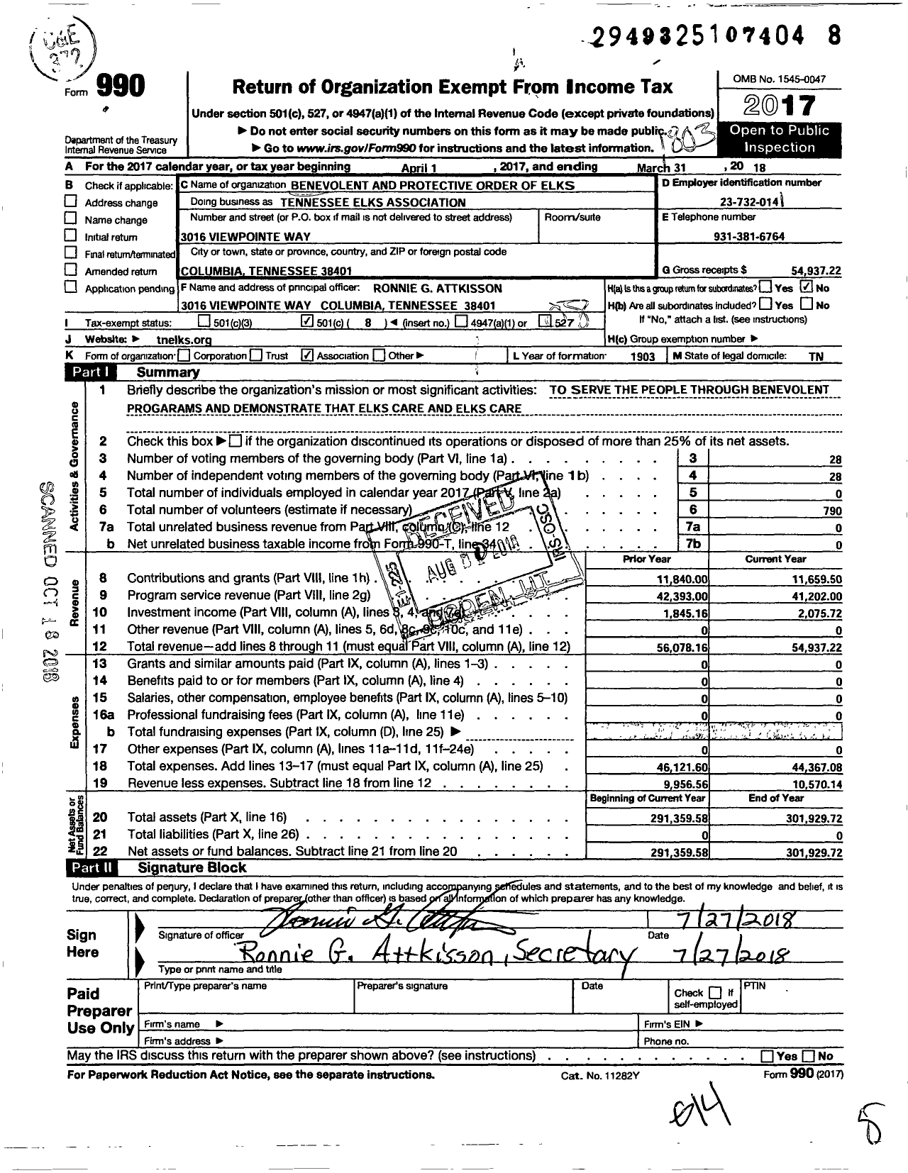 Image of first page of 2017 Form 990O for Benevolent and Protective Order of Elks - Tennessee Elks Assoc