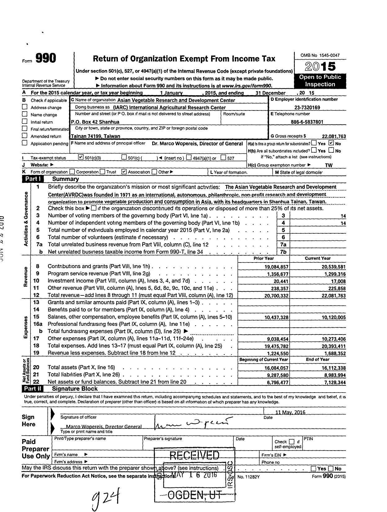 Image of first page of 2015 Form 990 for International Agricultural Research Center (IARC)