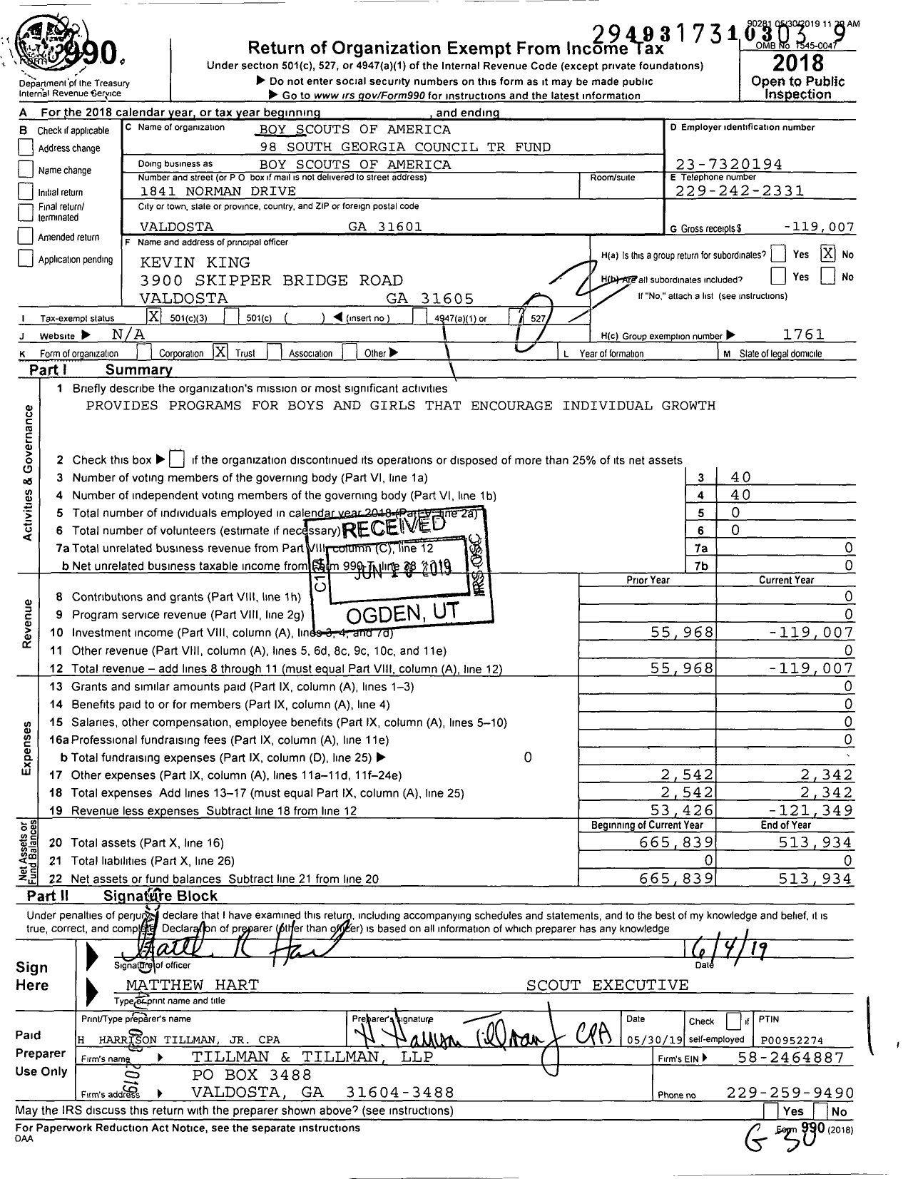 Image of first page of 2018 Form 990 for Boy Scouts of America - Boy Scouts of America 98 South Georgia Council TR Fund