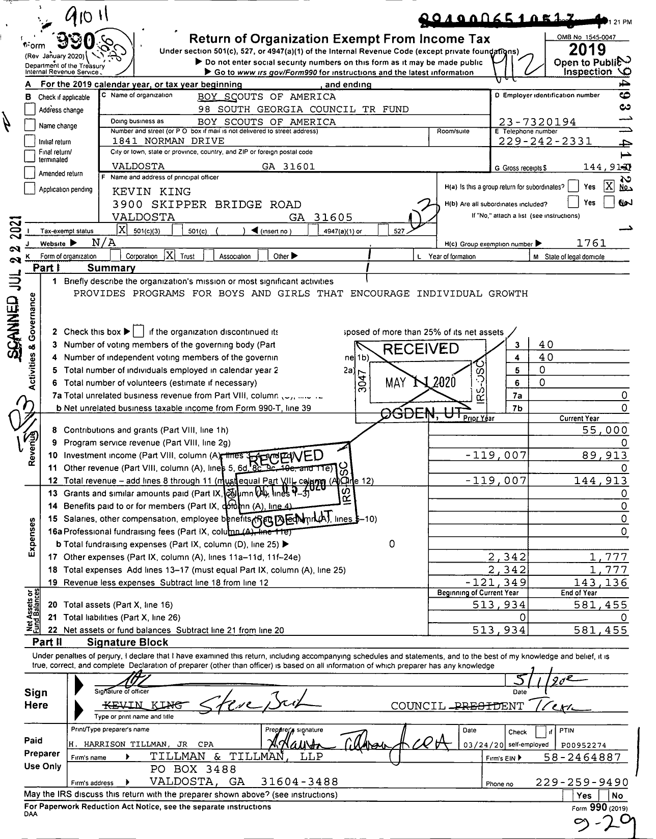 Image of first page of 2019 Form 990 for Boy Scouts of America - Boy Scouts of America 98 South Georgia Council TR Fund