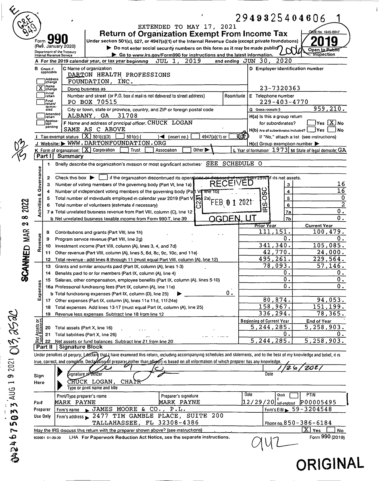 Image of first page of 2019 Form 990 for Darton Health Professions Foundation