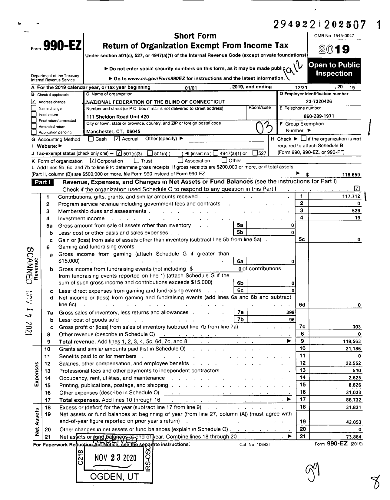 Image of first page of 2019 Form 990EZ for National Federation of the Blind of Connecticut