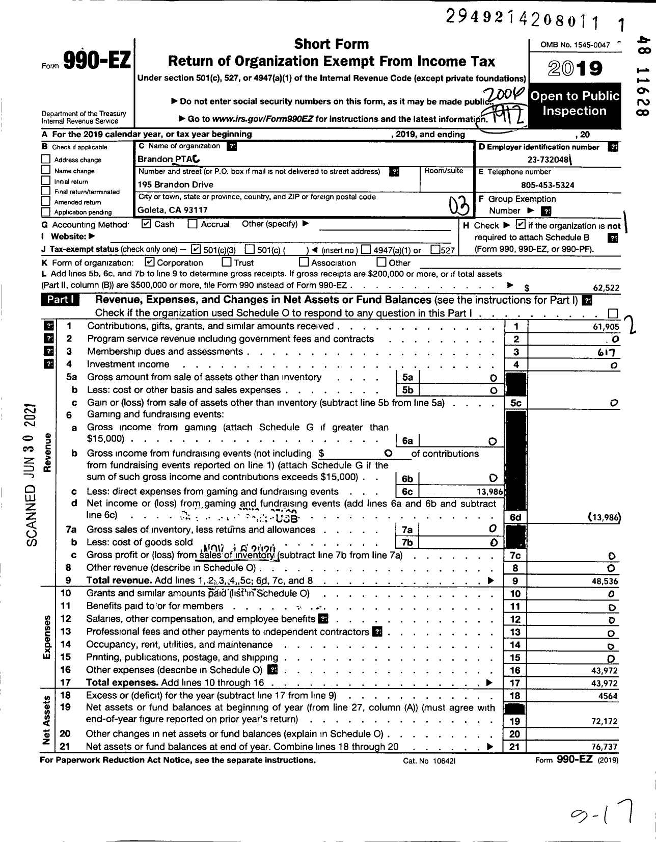 Image of first page of 2019 Form 990EZ for California State PTA - Brandon School PTA