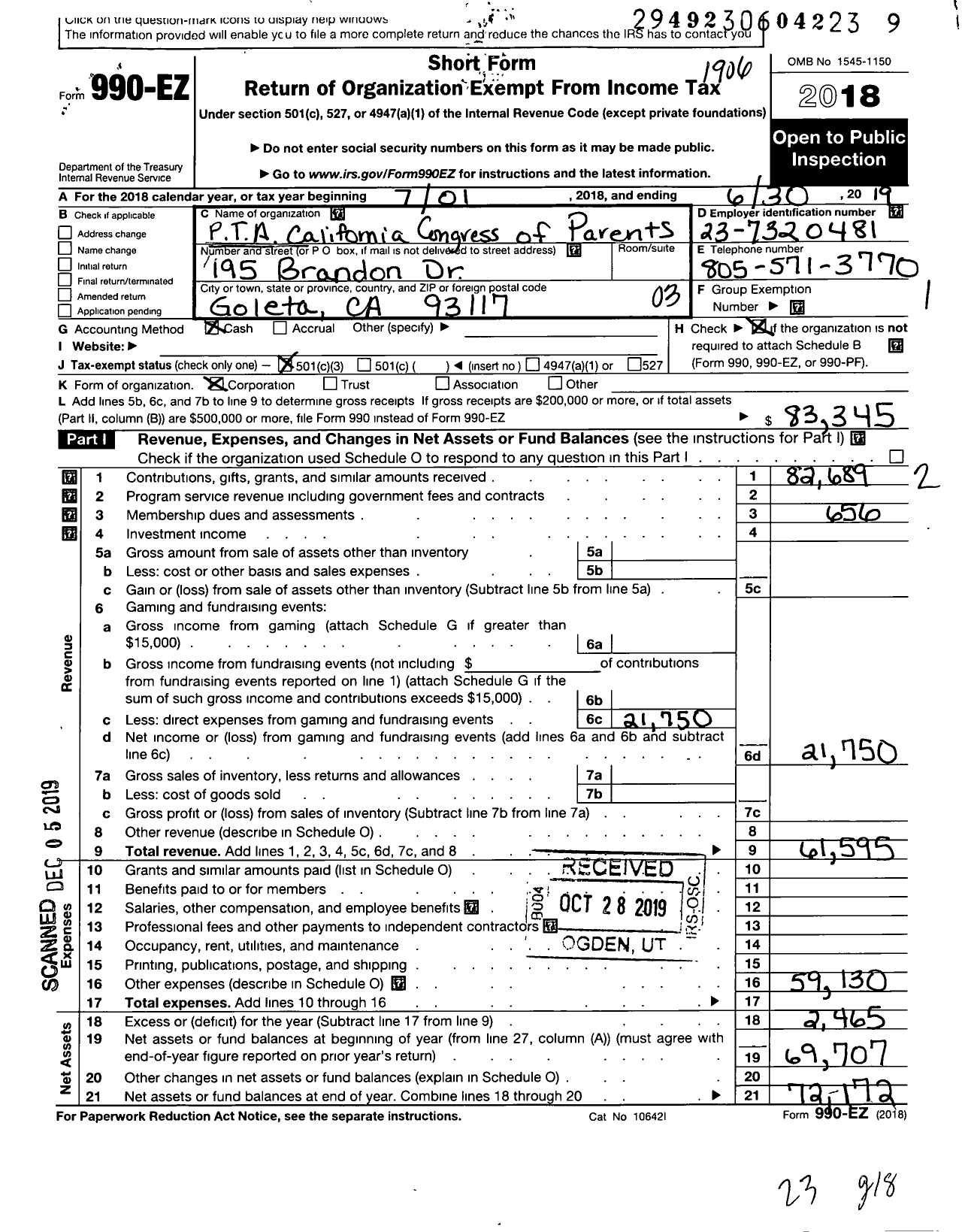 Image of first page of 2018 Form 990EZ for California State PTA - Brandon School PTA