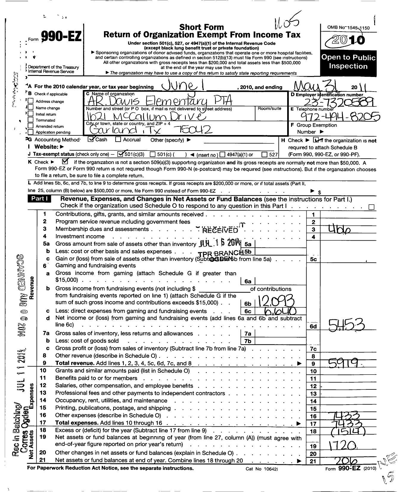 Image of first page of 2010 Form 990EZ for Texas PTA - A R Davis Elementary PTA