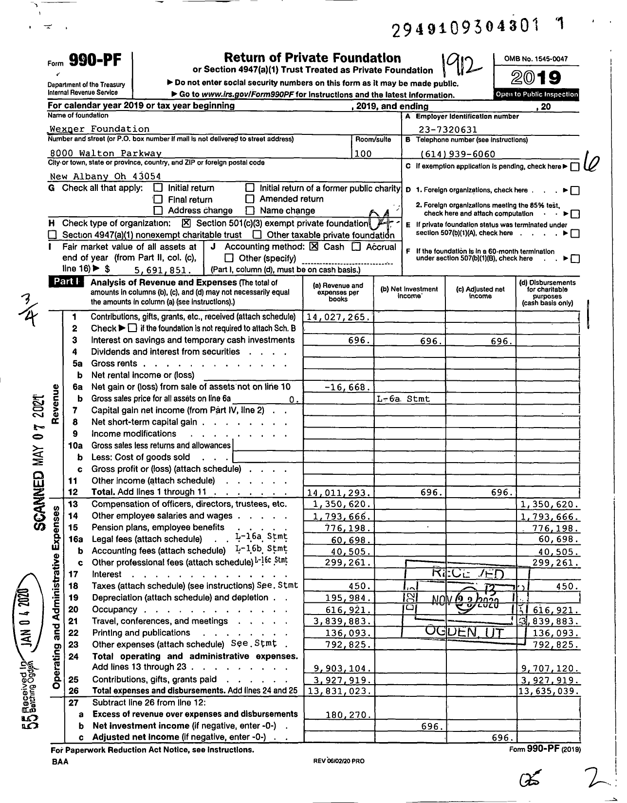 Image of first page of 2019 Form 990PF for Wexner Foundation