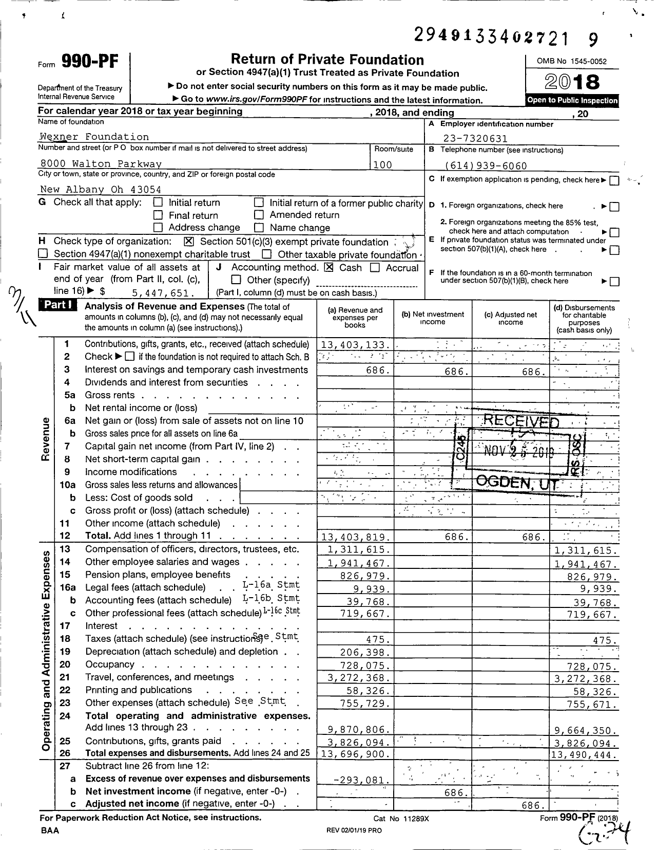 Image of first page of 2018 Form 990PF for Wexner Foundation