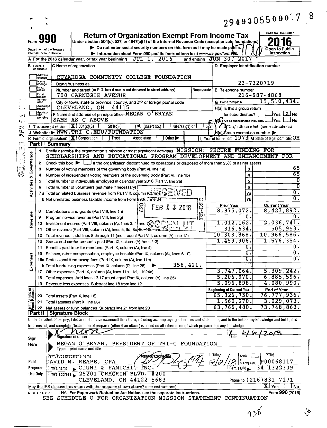 Image of first page of 2016 Form 990 for Cuyahoga Community College Foundation