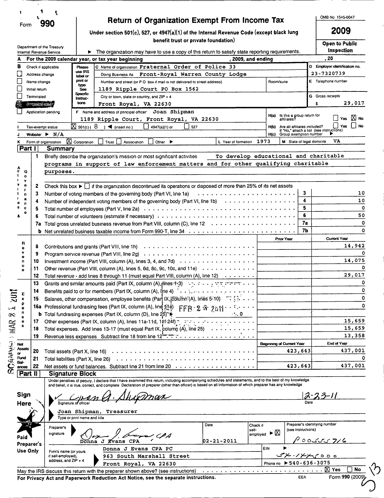 Image of first page of 2009 Form 990O for Fraternal Order of Police - 33 Front-Royal Warren