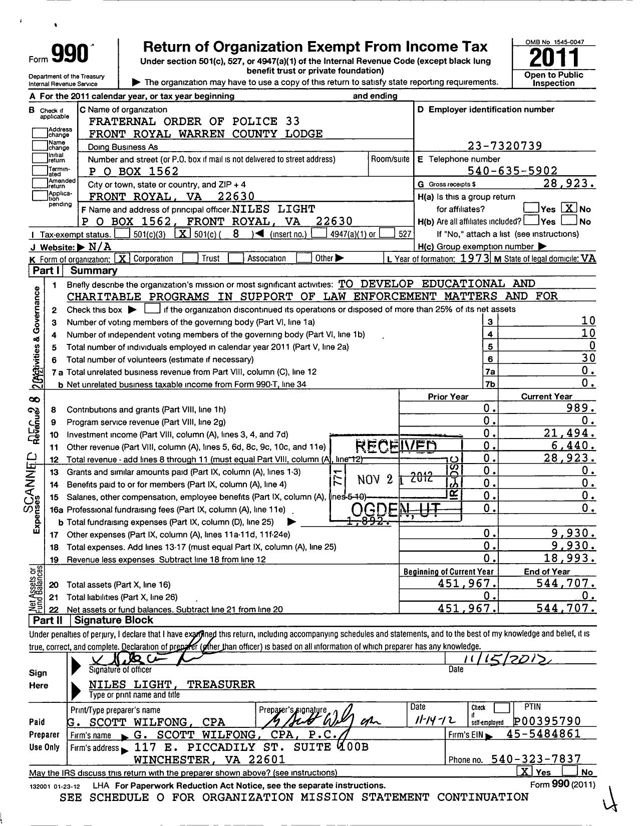 Image of first page of 2011 Form 990O for Fraternal Order of Police - 33 Front-Royal Warren