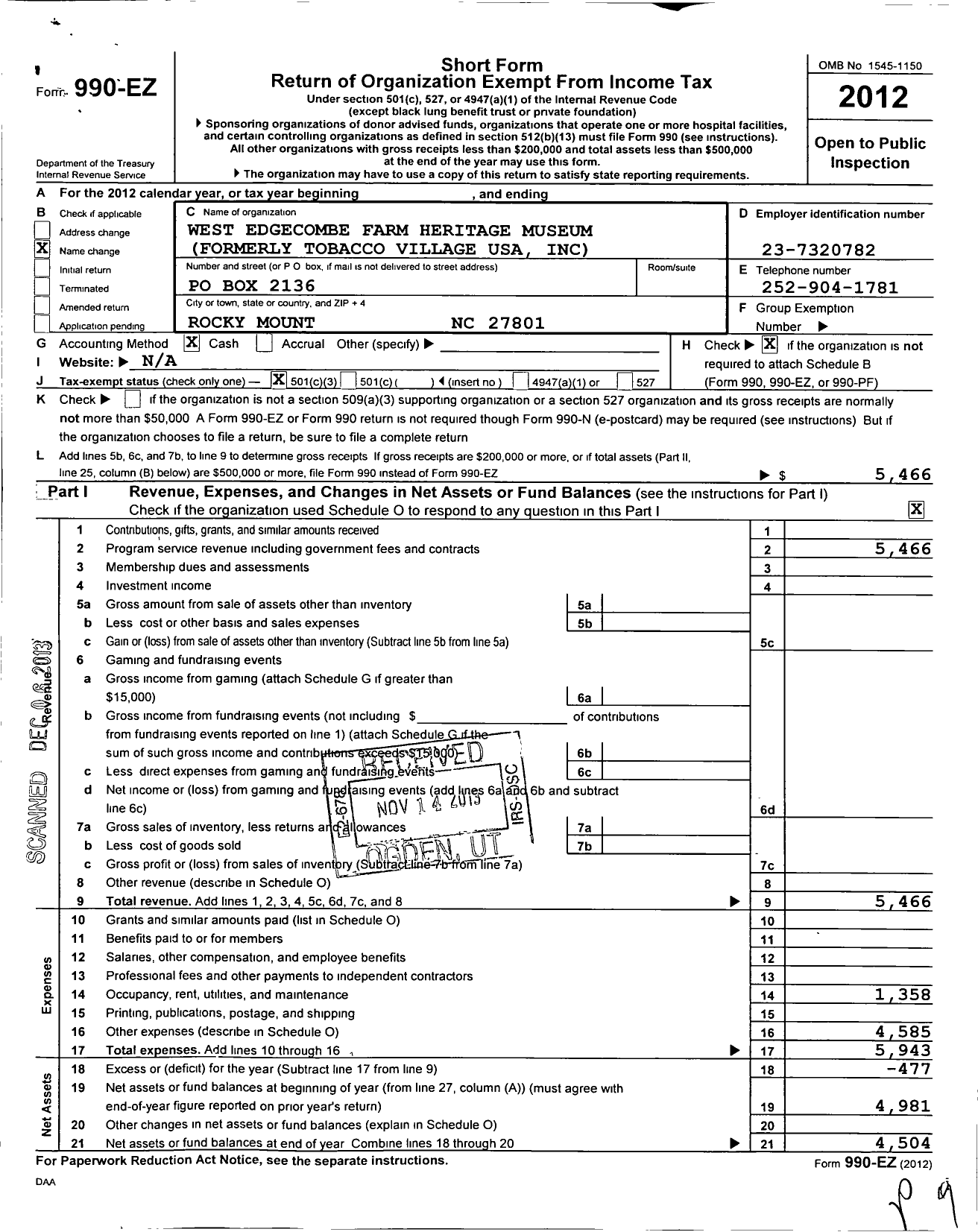 Image of first page of 2012 Form 990EZ for West Edgecombe Farm Heritage Museum