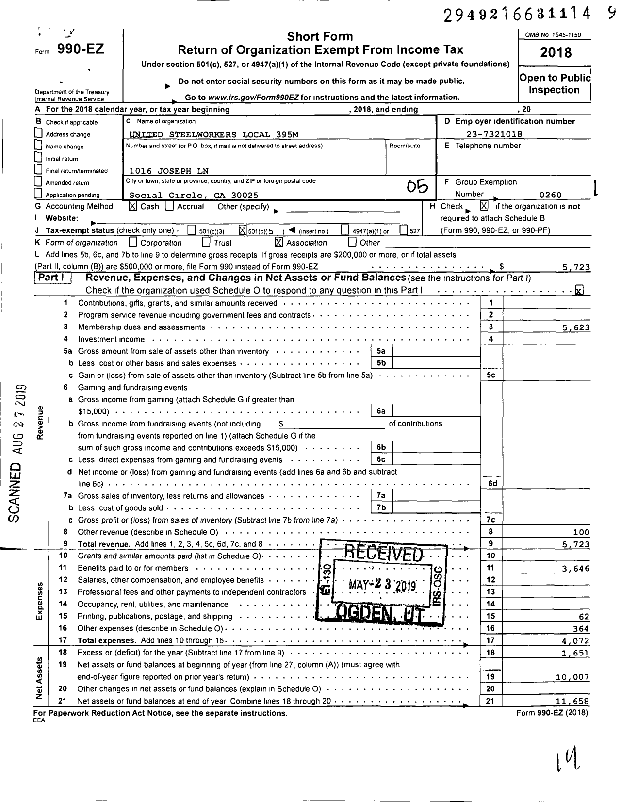 Image of first page of 2018 Form 990EO for United Steelworkers - 395m United Steelworkers Local